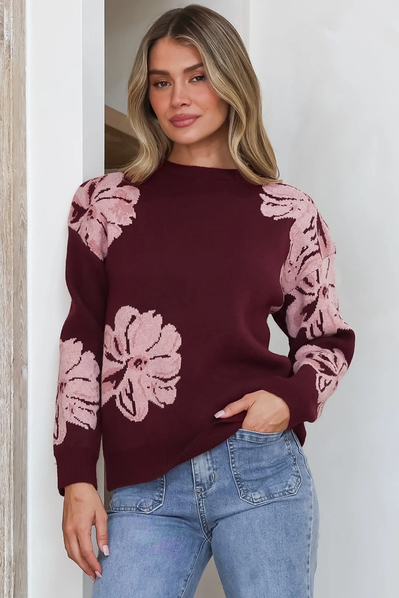 Breezy Jumper - Crew Neck Long Sleeve Floral Knit with Ribbed Hemlines in Wine sold by Salty Crush