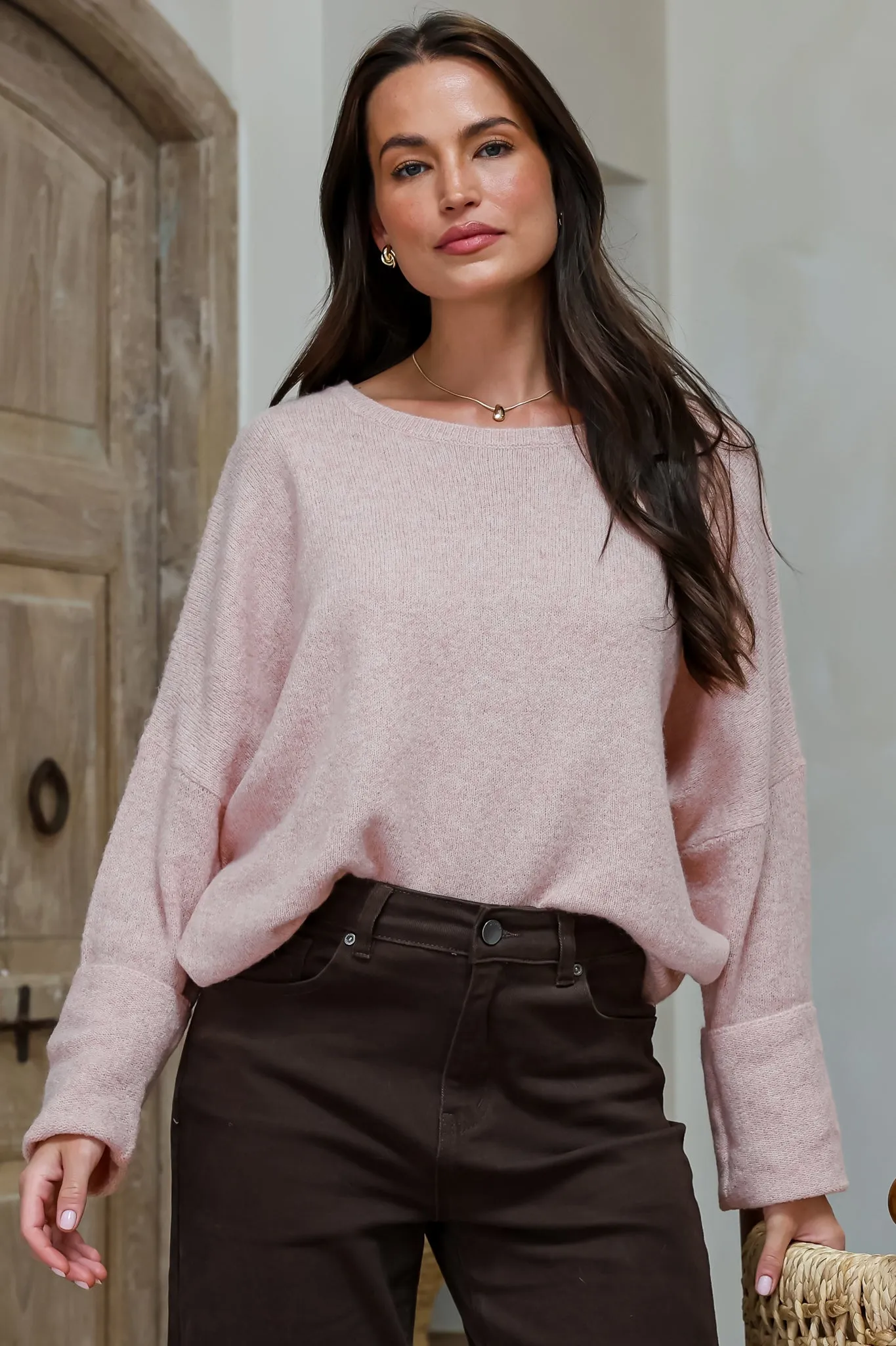 Joanne Knit Top - Crew Neckline Bat Wing Long Sleeve Top in Pale Pink sold by Salty Crush product image thumbnail 4