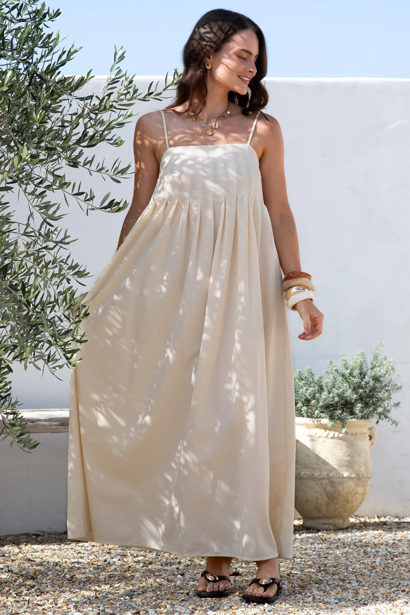 Hepburn Maxi Dress - Adjustable Strap Pleated Bodice Sun Dress in Cream sold by Salty Crush product image thumbnail 5