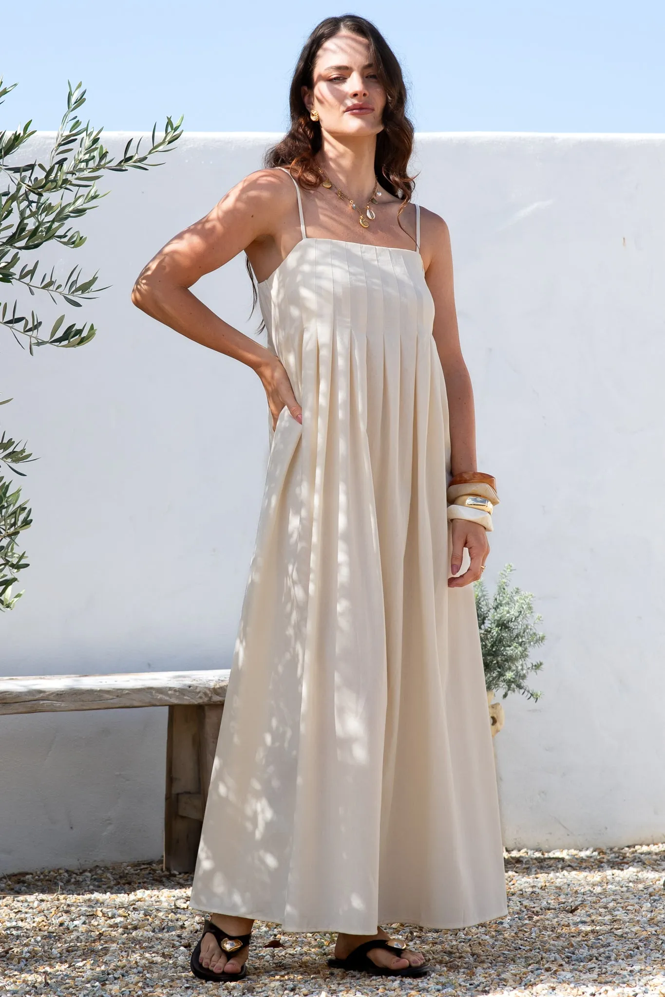 Hepburn Maxi Dress - Adjustable Strap Pleated Bodice Sun Dress in Cream sold by Salty Crush product image thumbnail 4