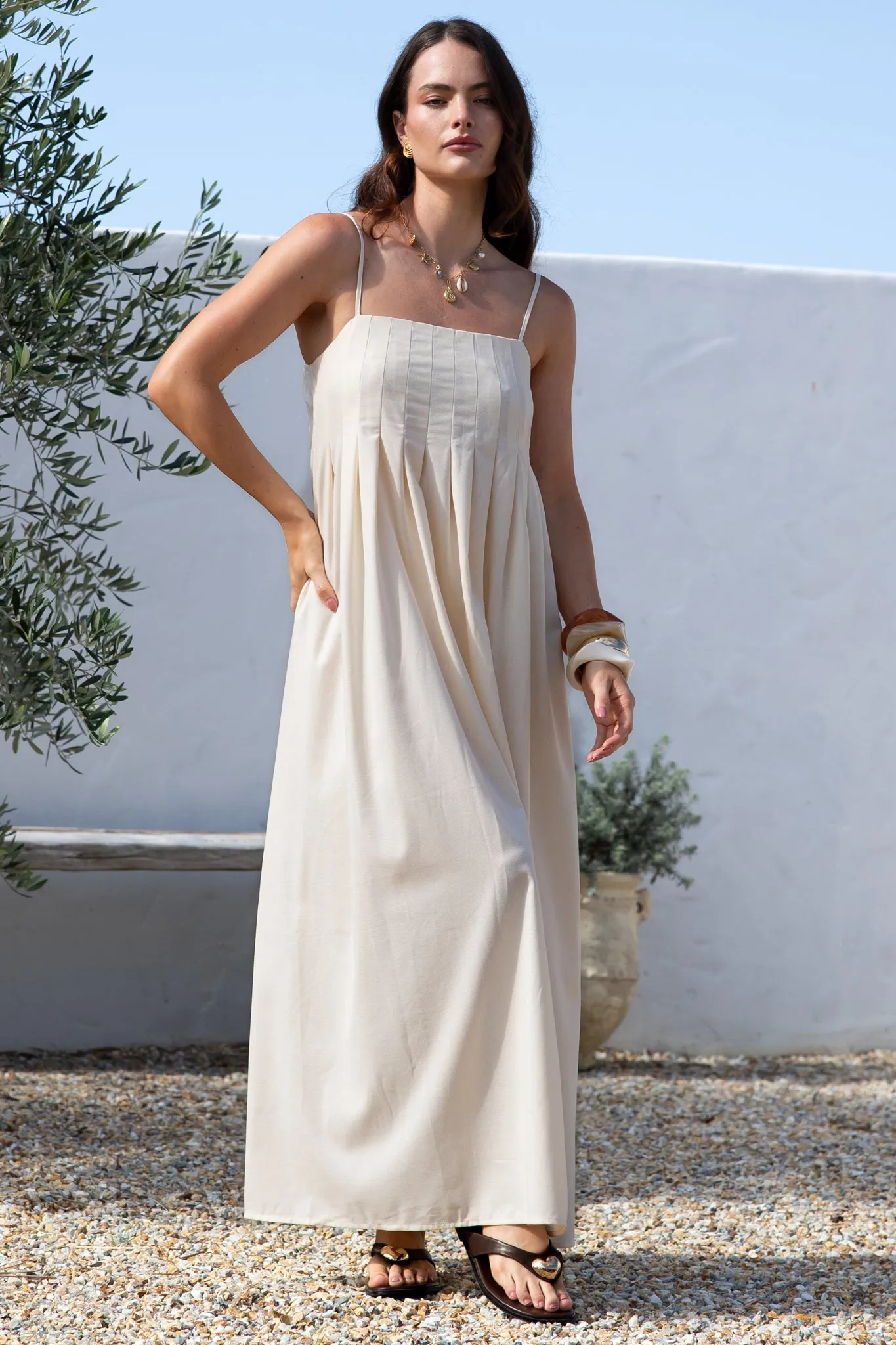 Hepburn Maxi Dress - Adjustable Strap Pleated Bodice Sun Dress in Cream sold by Salty Crush product image thumbnail 2