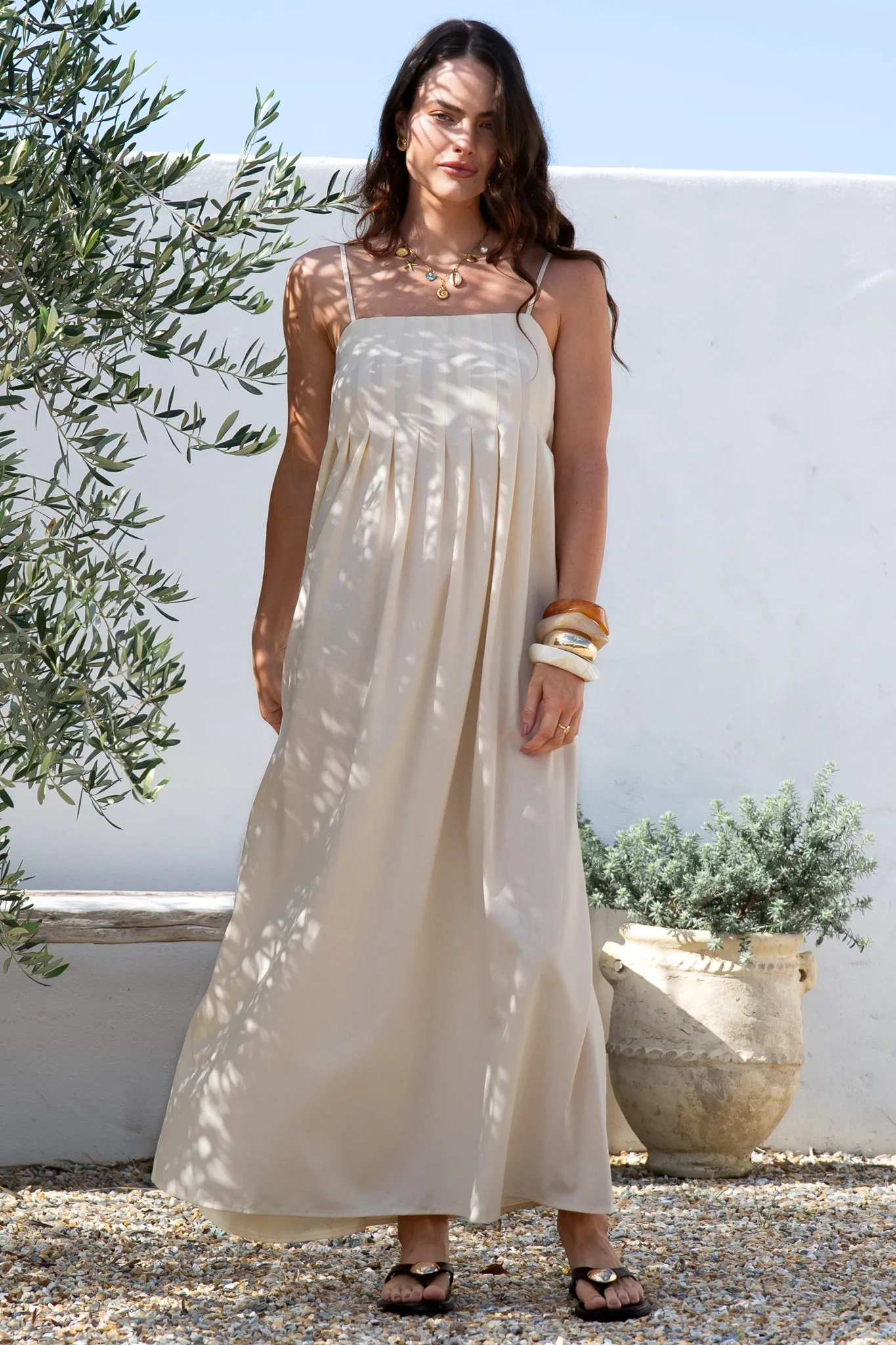 Hepburn Maxi Dress - Adjustable Strap Pleated Bodice Sun Dress in Cream sold by Salty Crush product image thumbnail 3
