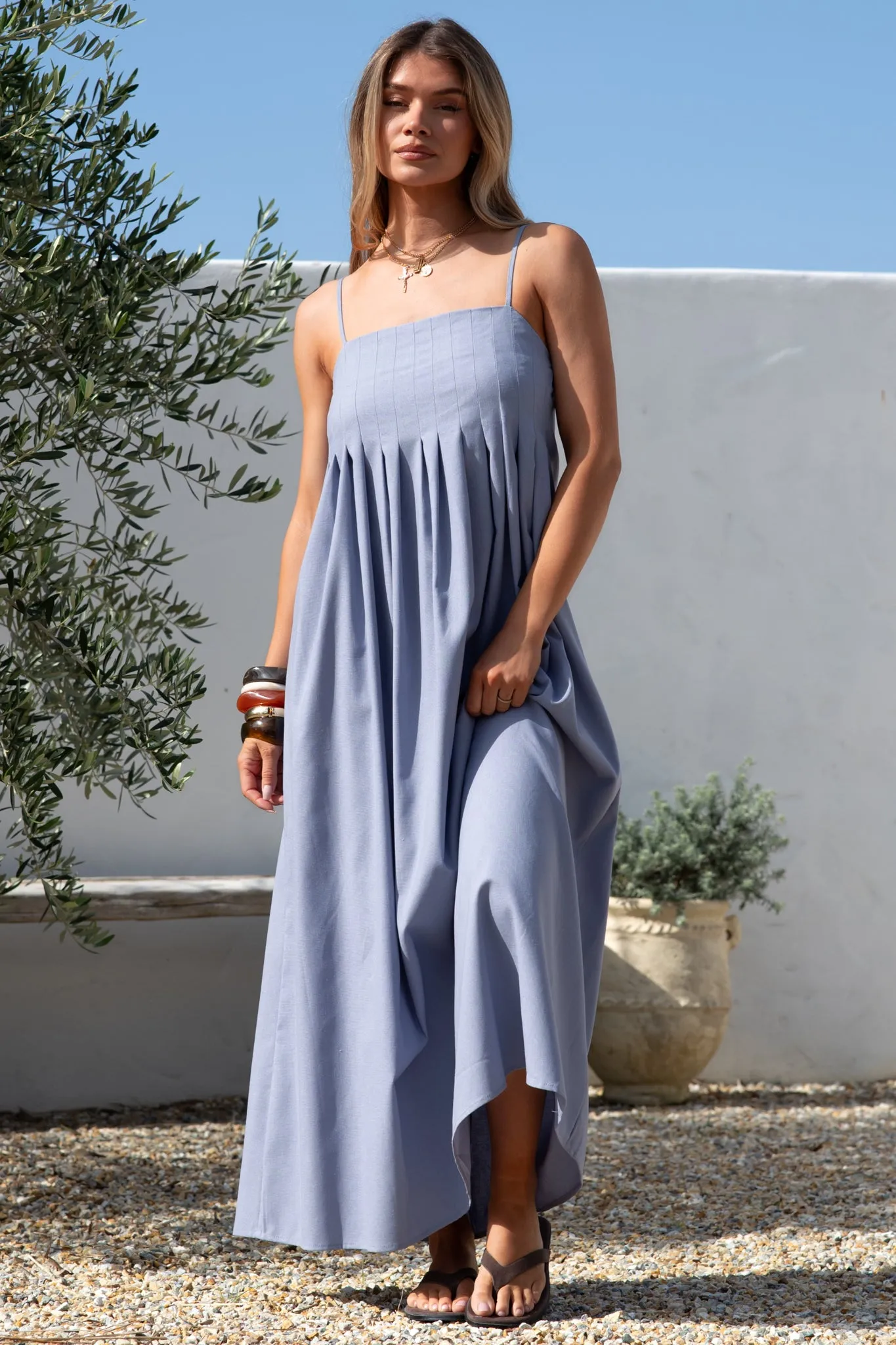 Hepburn Maxi Dress - Adjustable Strap Pleated Bodice Sun Dress in Blue sold by Salty Crush