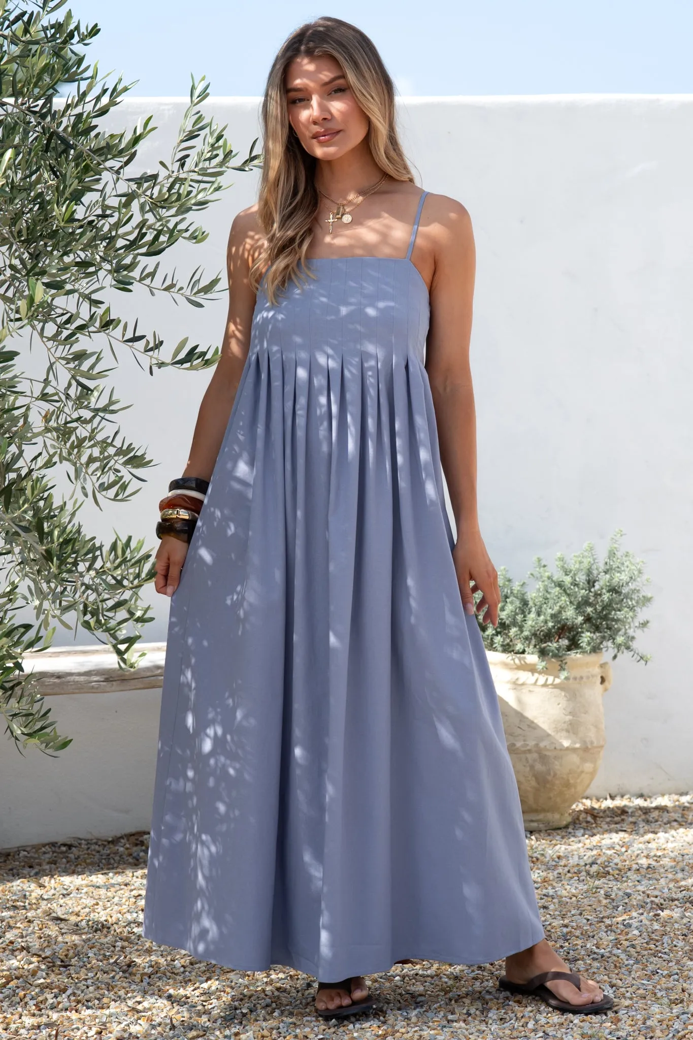 Hepburn Maxi Dress - Adjustable Strap Pleated Bodice Sun Dress in Blue sold by Salty Crush product image thumbnail 2