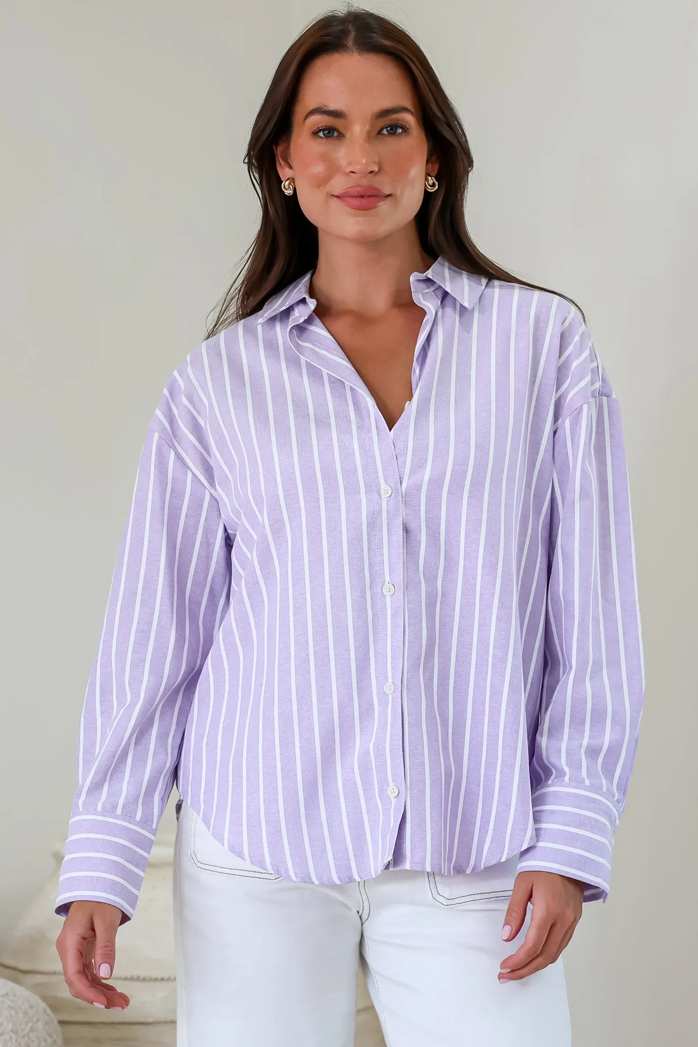 Denver Shirt - Wing Collar Button Down Striped Cotton Shirt with Scoop Hemline in Lilac sold by Salty Crush product image thumbnail 3