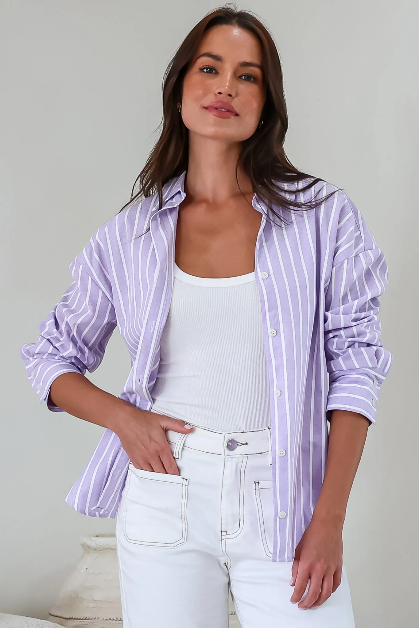 Denver Shirt - Wing Collar Button Down Striped Cotton Shirt with Scoop Hemline in Lilac sold by Salty Crush product image thumbnail 4