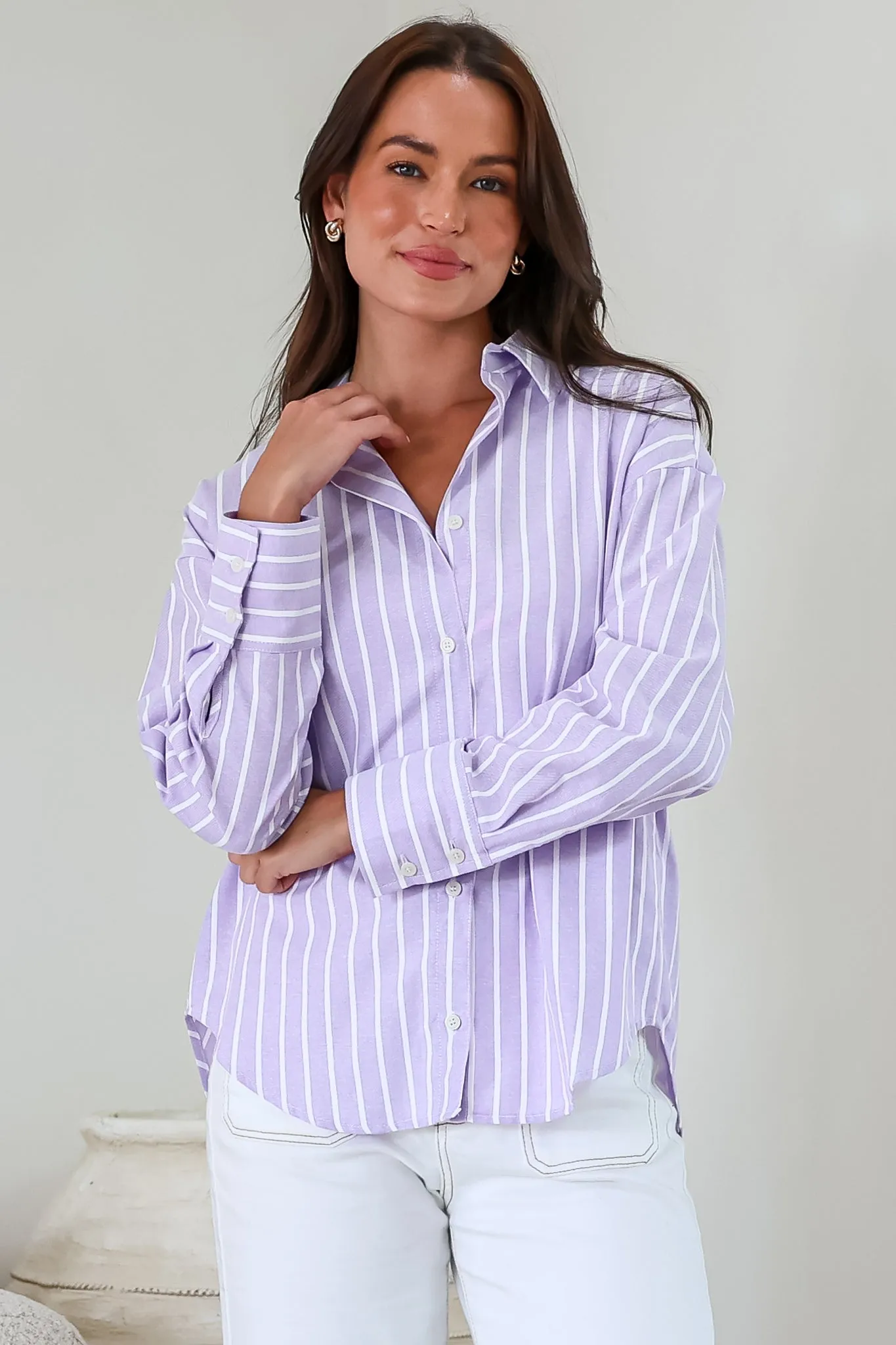 Denver Shirt - Wing Collar Button Down Striped Cotton Shirt with Scoop Hemline in Lilac sold by Salty Crush product image thumbnail 5
