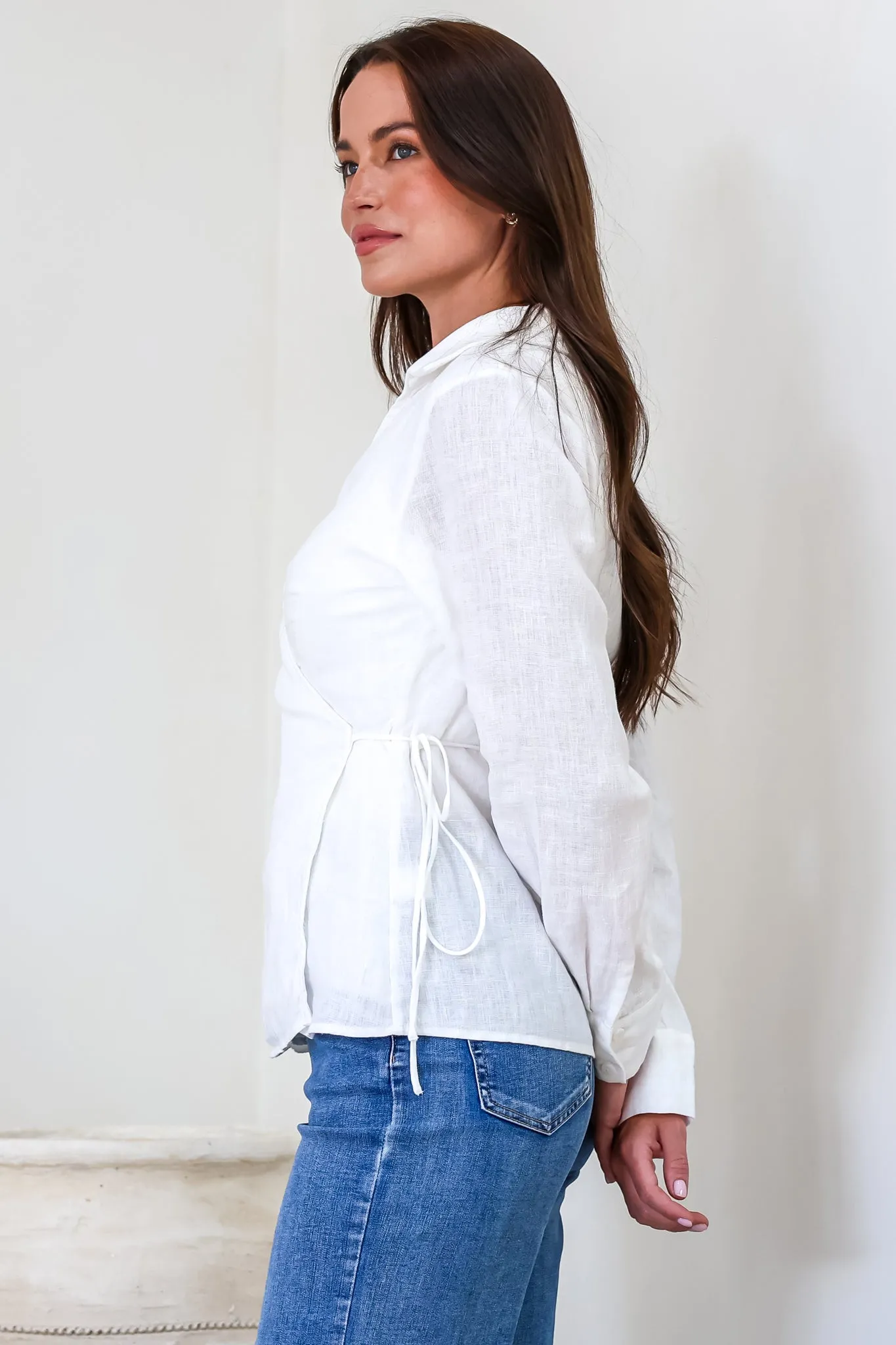 Daley Top - Wing Collar V Neck Wrap at the Waist Linen Top in White sold by Salty Crush product image thumbnail 5