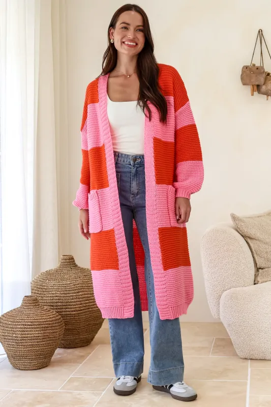 Finneas Cardigan - Longline Open Front Knit with Balloon Sleeves and Pockets in Pink made by Salty Crush