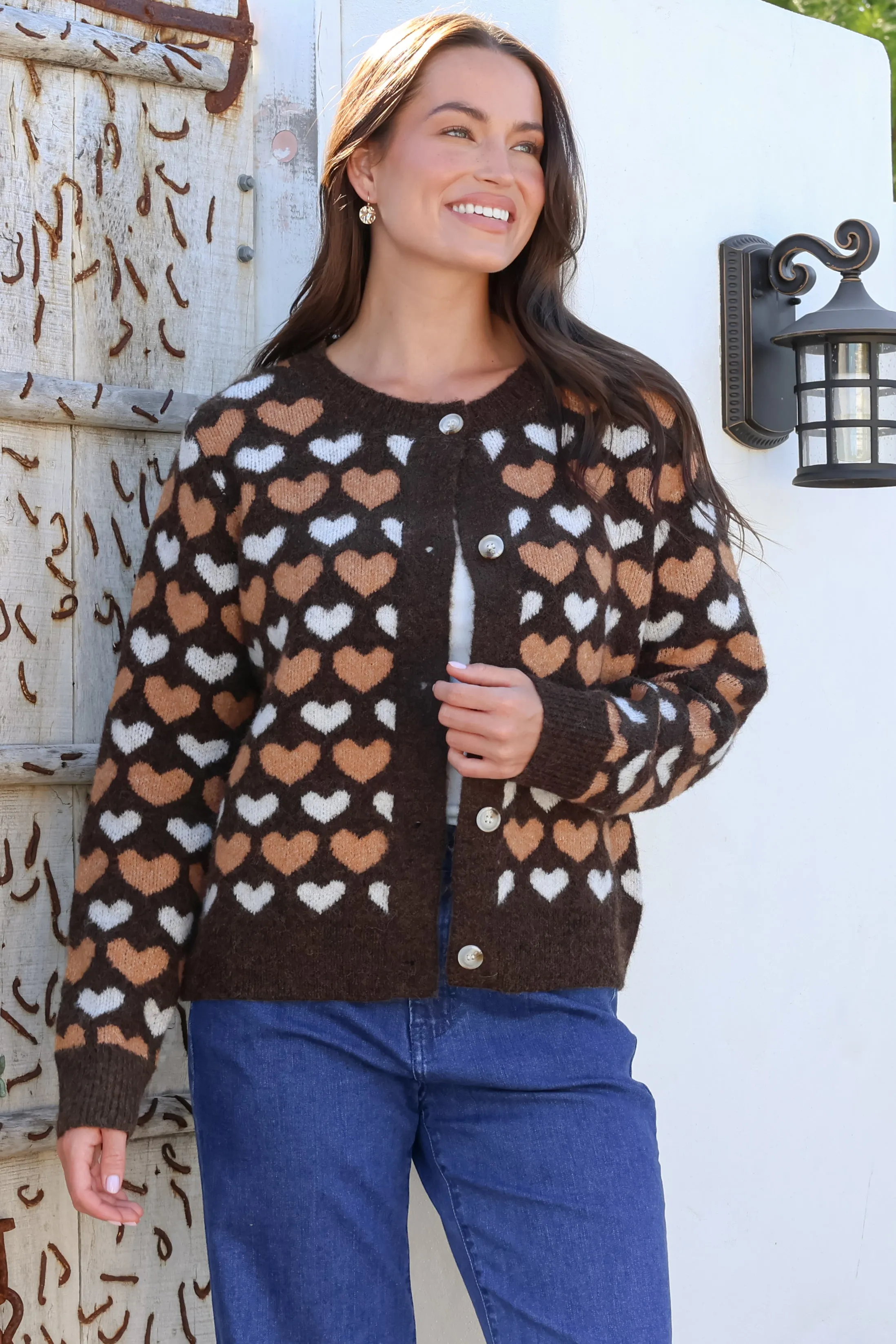 Lynnie Cardigan - Round Neck Button Down Knit with Heart Graphic Motif in Coffee sold by Salty Crush product image thumbnail 2