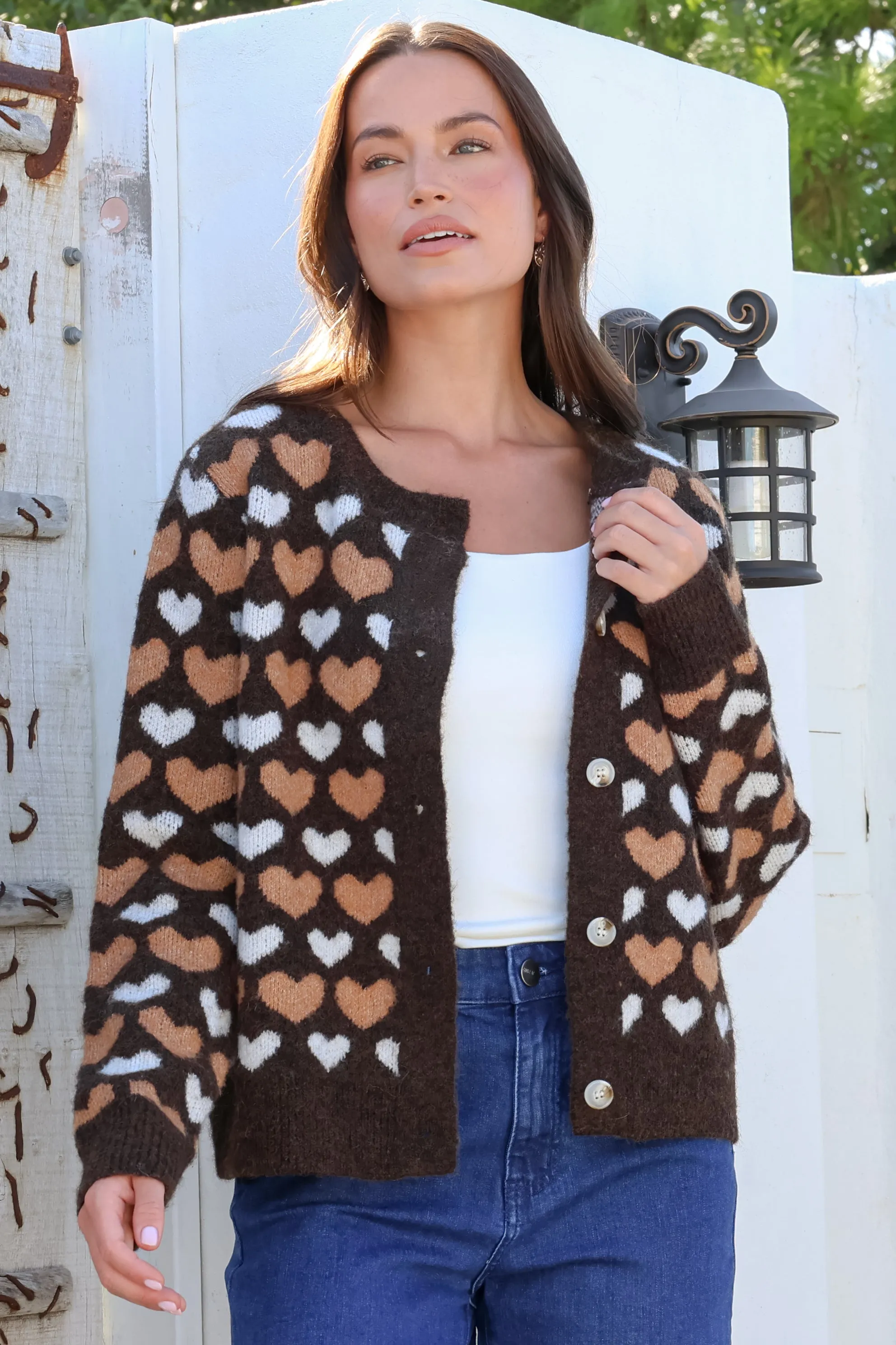 Lynnie Cardigan - Round Neck Button Down Knit with Heart Graphic Motif in Coffee sold by Salty Crush product image thumbnail 3