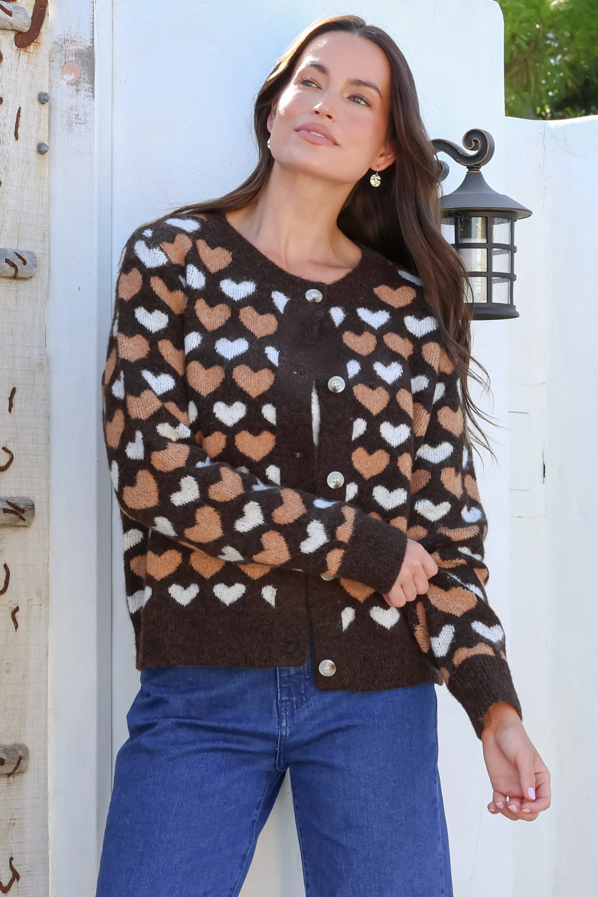 Lynnie Cardigan - Round Neck Button Down Knit with Heart Graphic Motif in Coffee sold by Salty Crush product image thumbnail 4