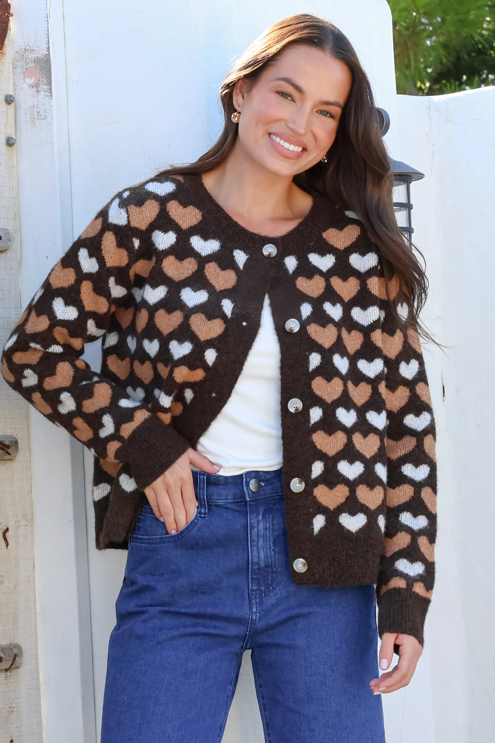 Lynnie Cardigan - Round Neck Button Down Knit with Heart Graphic Motif in Coffee sold by Salty Crush product image thumbnail 5