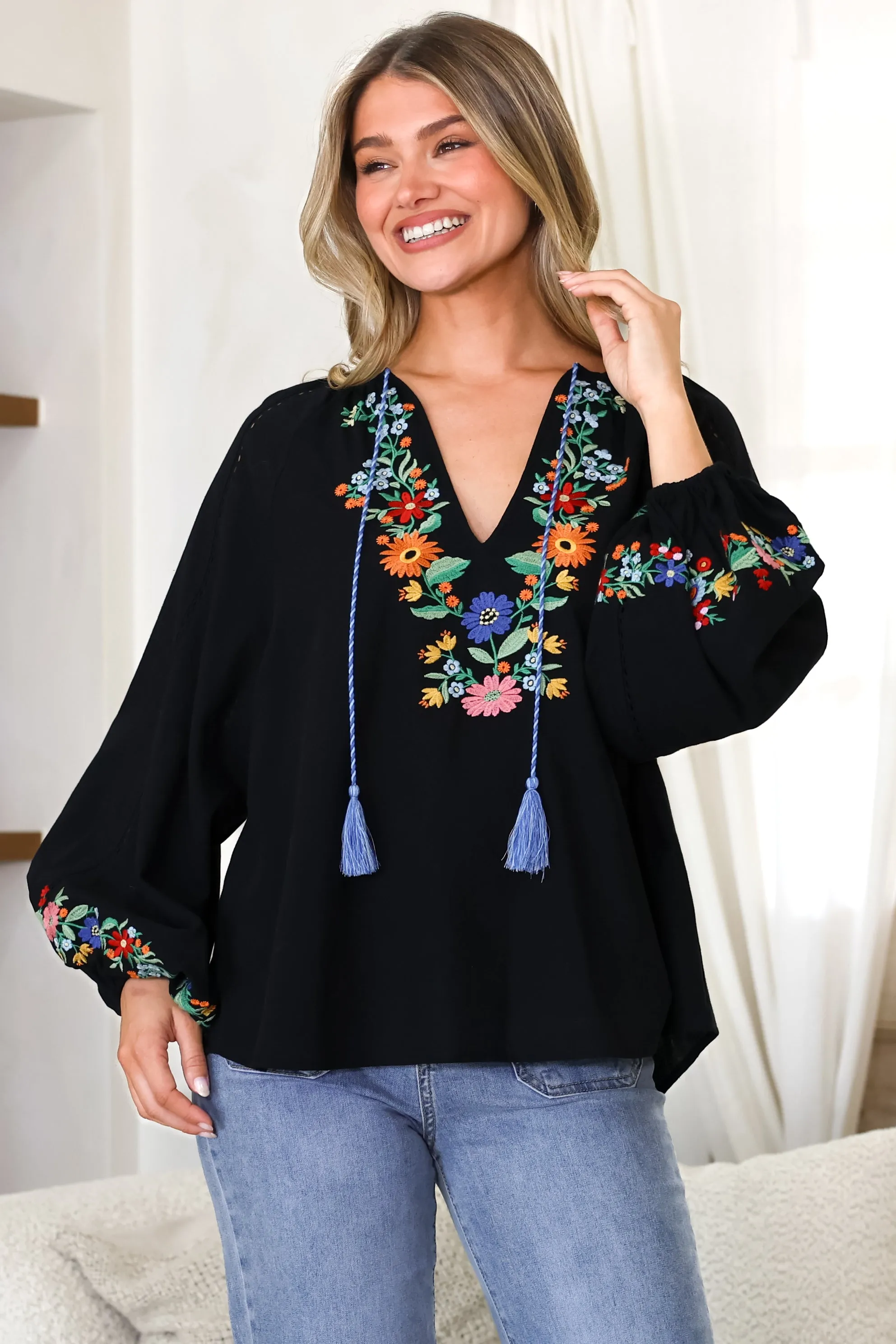 Margerie Top - Floral Embroidered Top with Long Sleeves in Black sold by Salty Crush product image thumbnail 2