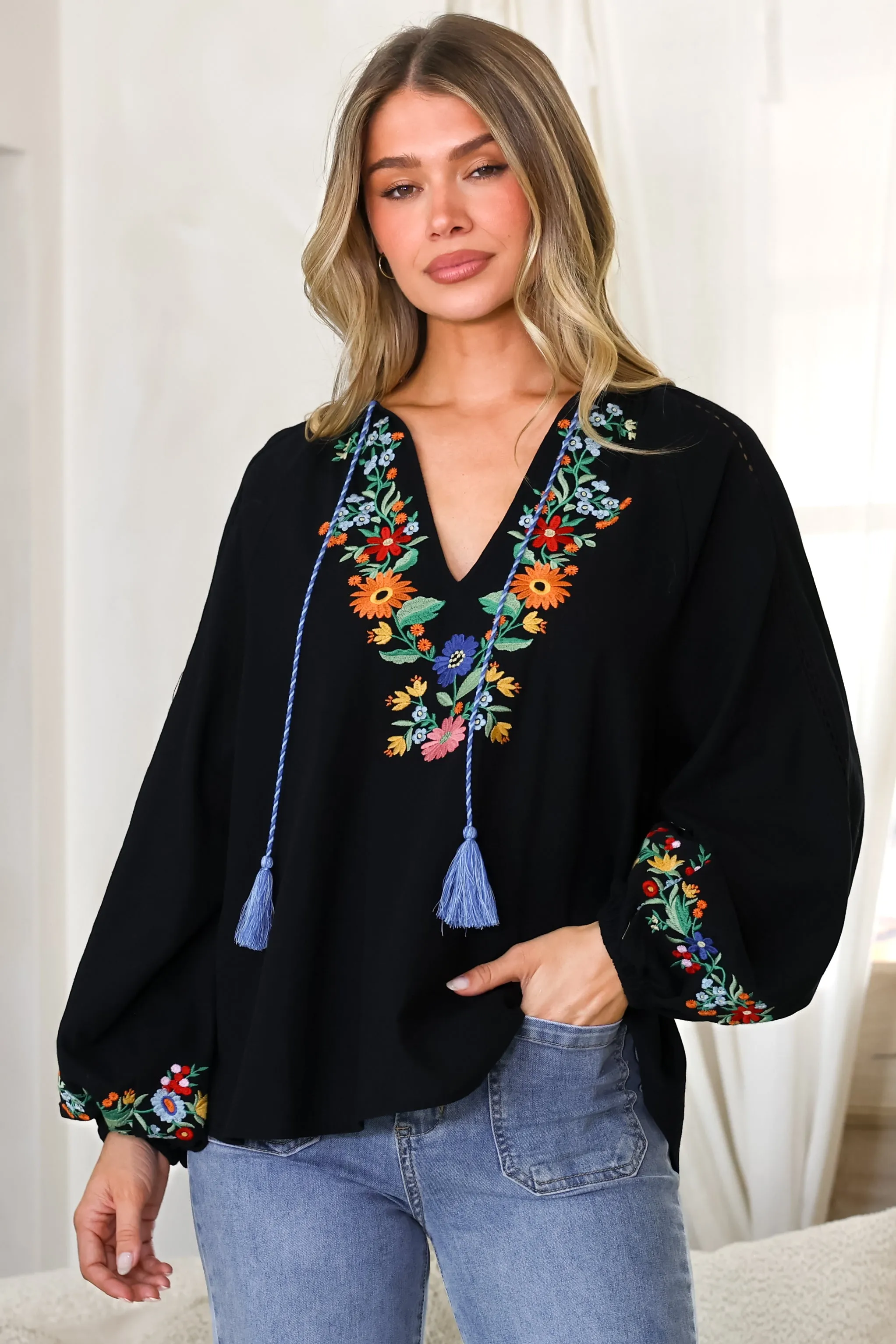 Margerie Top - Floral Embroidered Top with Long Sleeves in Black sold by Salty Crush product image thumbnail 3