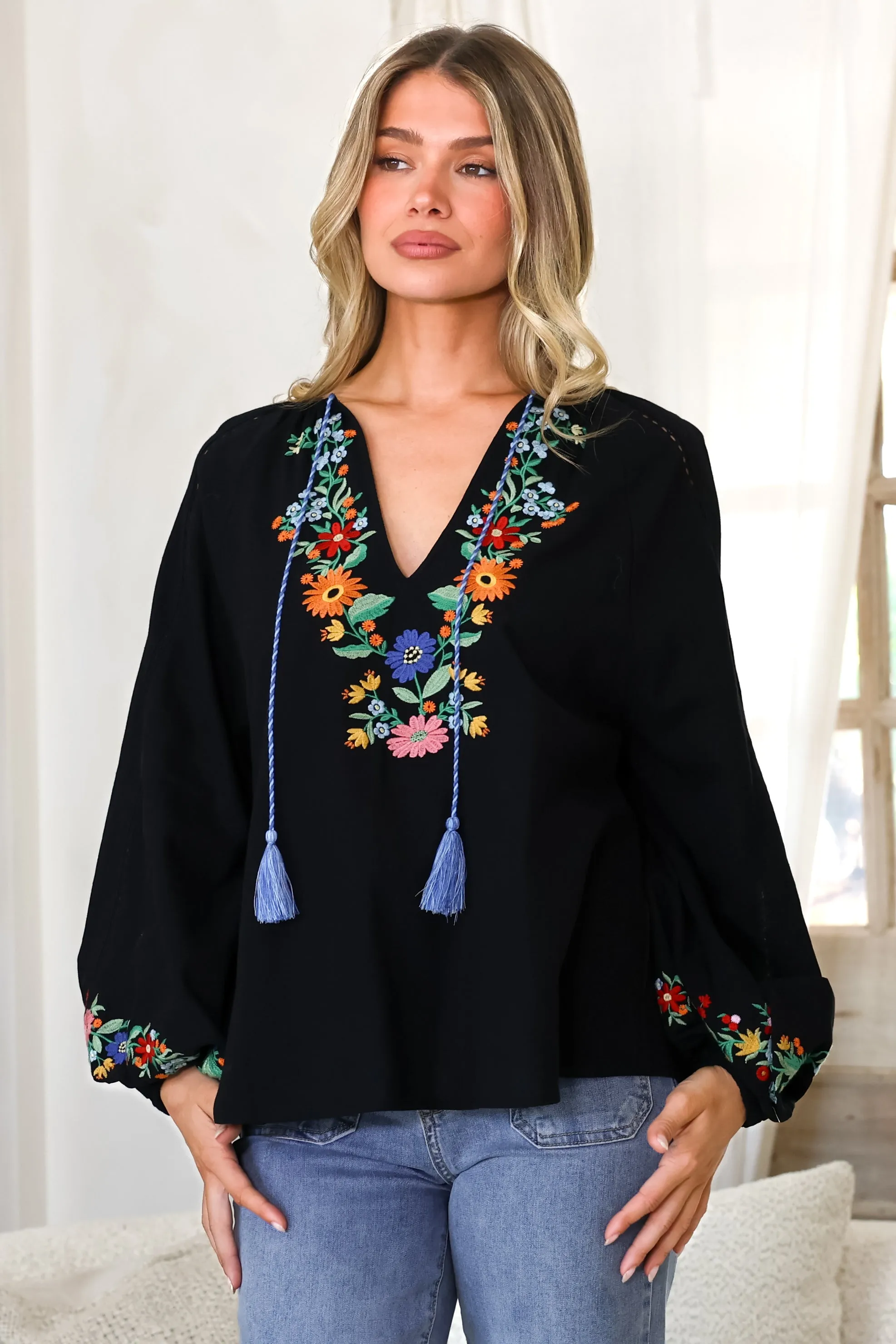 Margerie Top - Floral Embroidered Top with Long Sleeves in Black sold by Salty Crush product image thumbnail 4