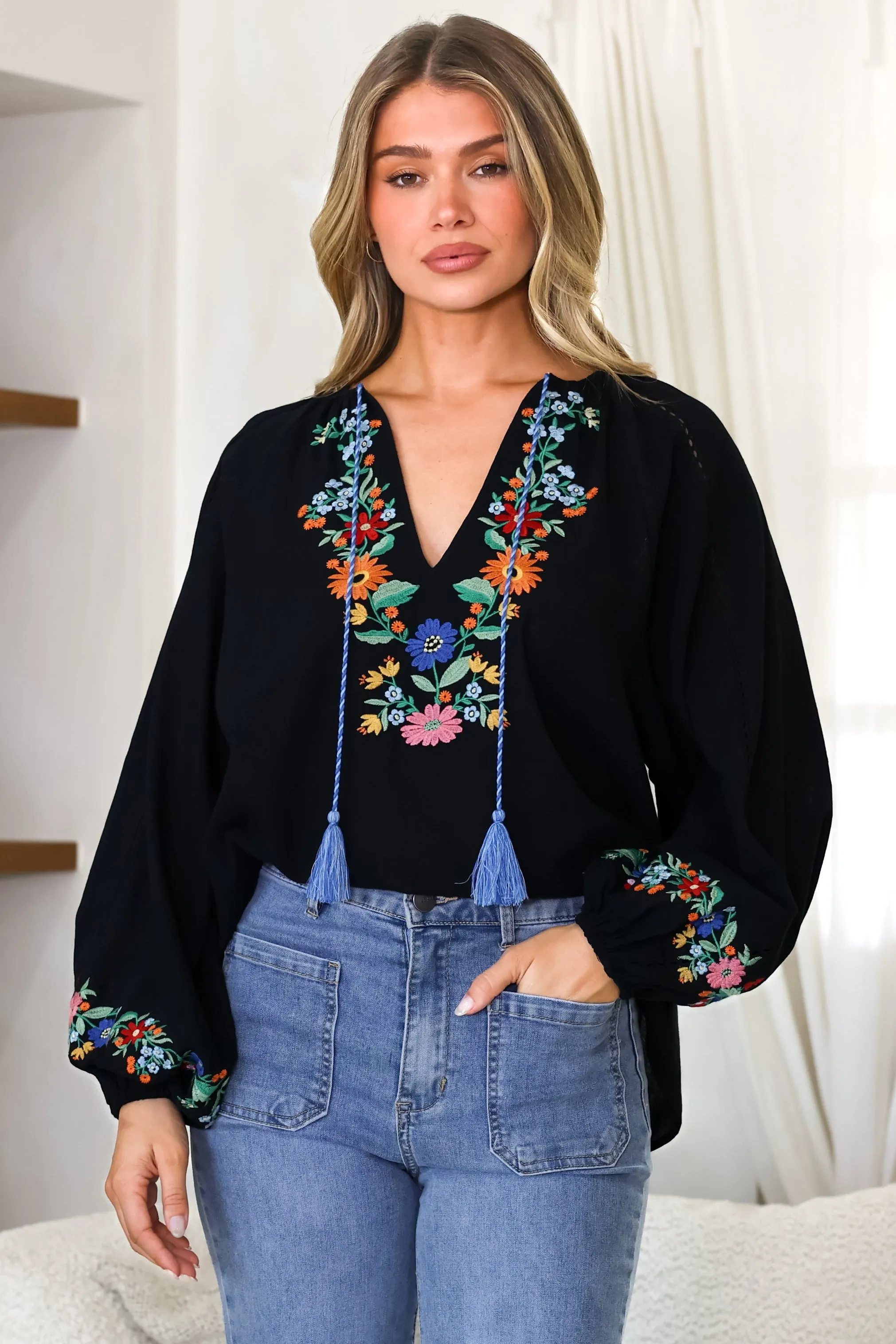 Margerie Top - Floral Embroidered Top with Long Sleeves in Black sold by Salty Crush