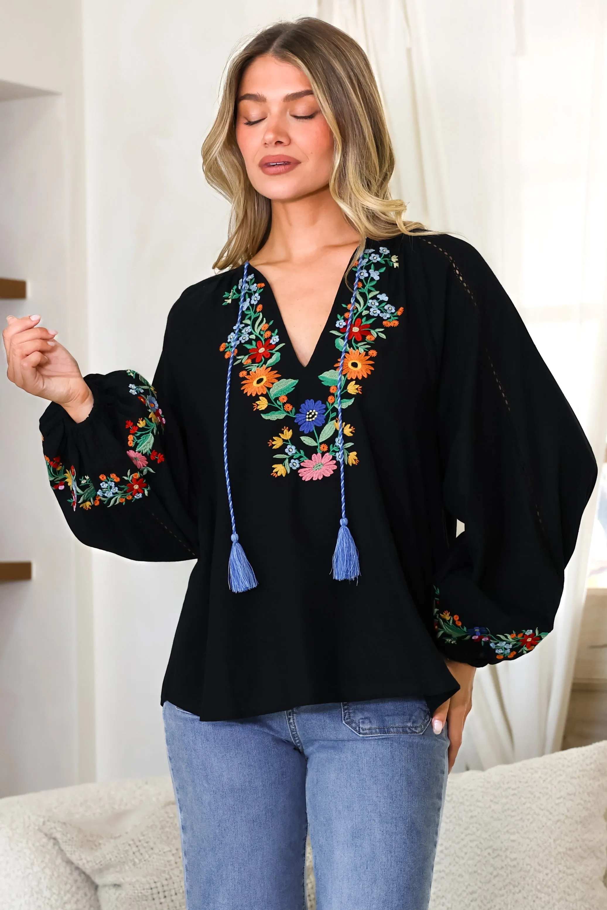 Margerie Top - Floral Embroidered Top with Long Sleeves in Black sold by Salty Crush product image thumbnail 5