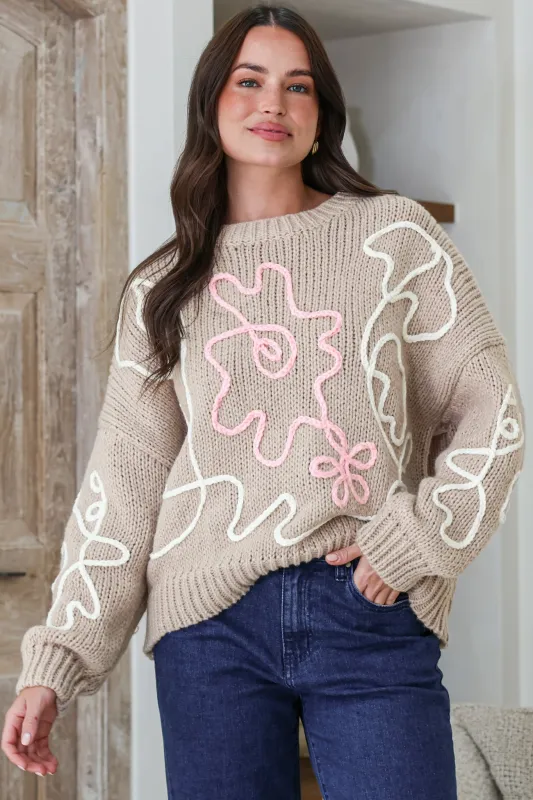 Lulu Jumper - Crew Neck Abstract Floral Motif Knit with Balloon Sleeves in Taupe made by Salty Crush
