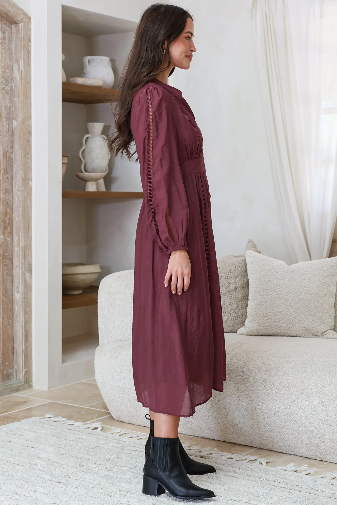 Aylon Midi Dress - Delicately Detailed Mandarin Collar Dress with Long Sleeves in Merlot sold by Salty Crush product image thumbnail 5