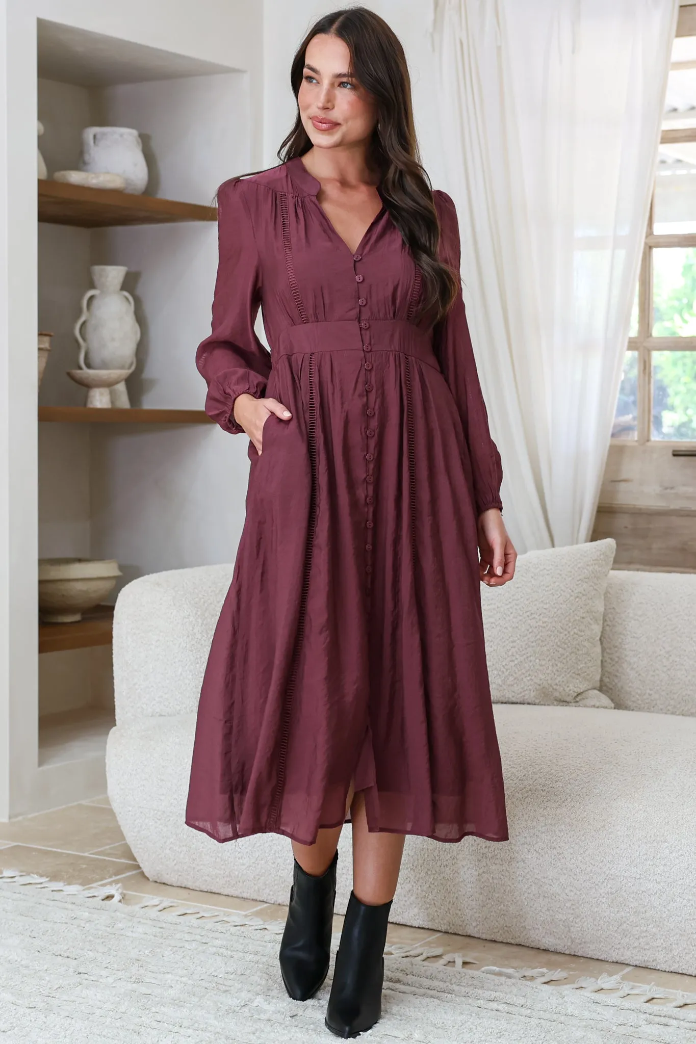 Aylon Midi Dress - Delicately Detailed Mandarin Collar Dress with Long Sleeves in Merlot sold by Salty Crush product image thumbnail 2
