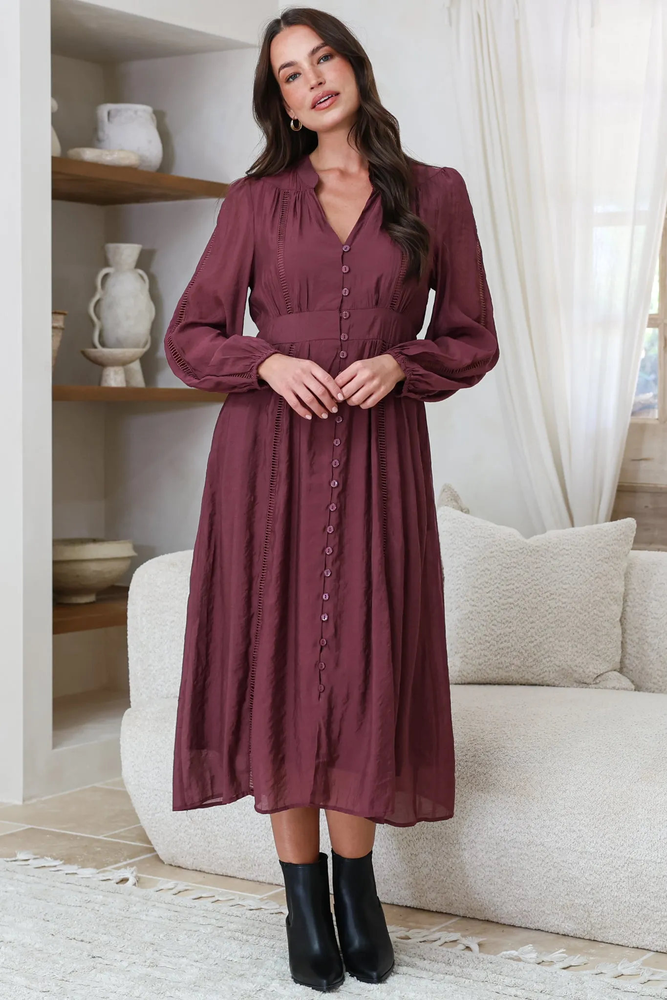 Aylon Midi Dress - Delicately Detailed Mandarin Collar Dress with Long Sleeves in Merlot sold by Salty Crush product image thumbnail 3