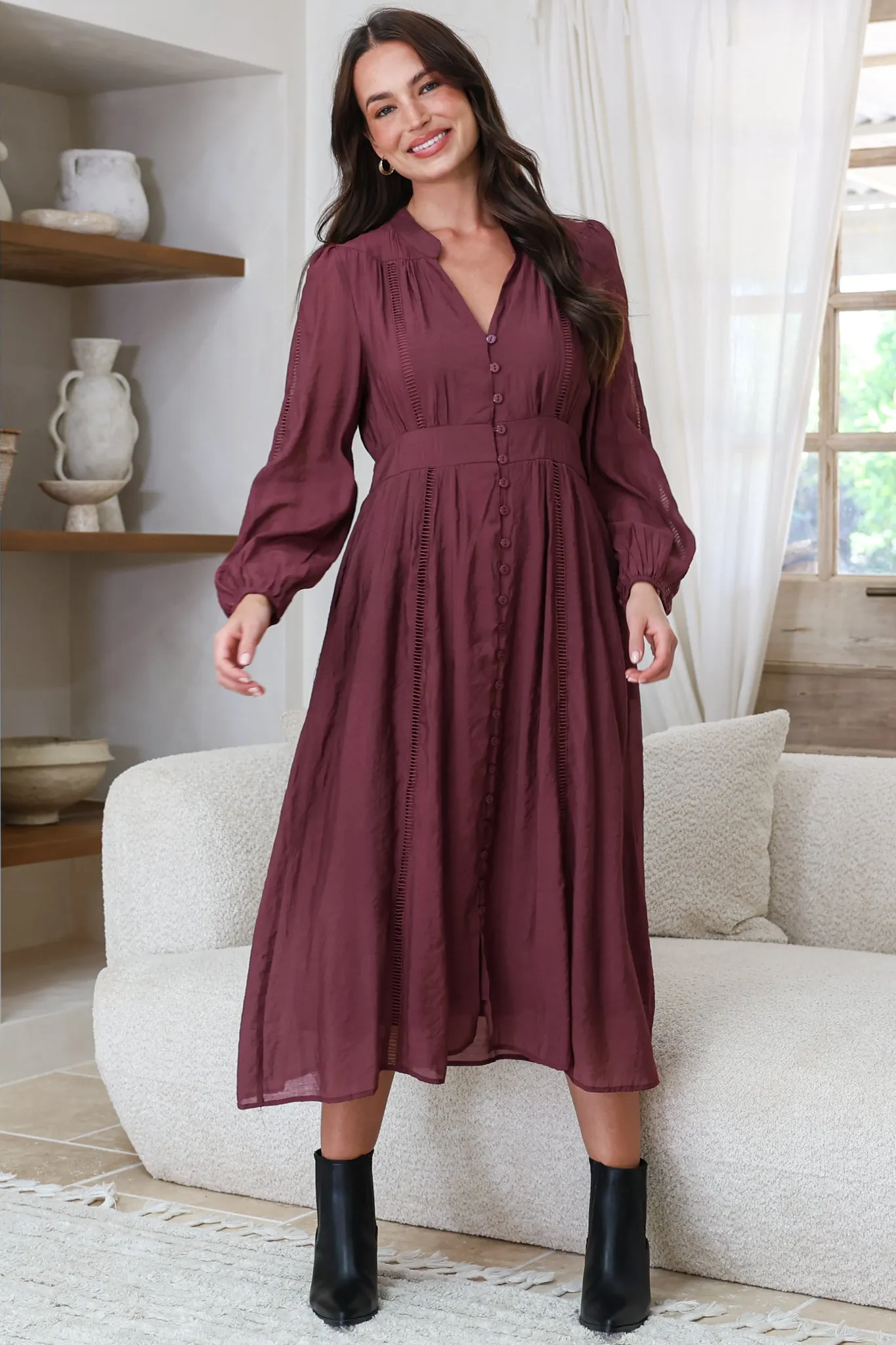 Aylon Midi Dress - Delicately Detailed Mandarin Collar Dress with Long Sleeves in Merlot sold by Salty Crush product image thumbnail 4
