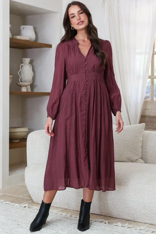 Aylon Midi Dress - Delicately Detailed Mandarin Collar Dress with Long Sleeves in Merlot made by Salty Crush