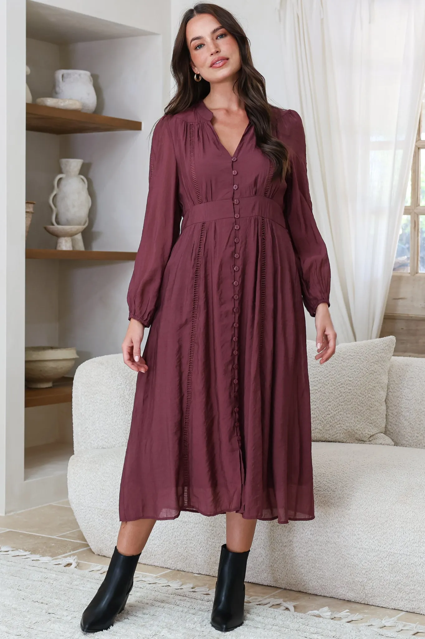 Aylon Midi Dress - Delicately Detailed Mandarin Collar Dress with Long Sleeves in Merlot sold by Salty Crush
