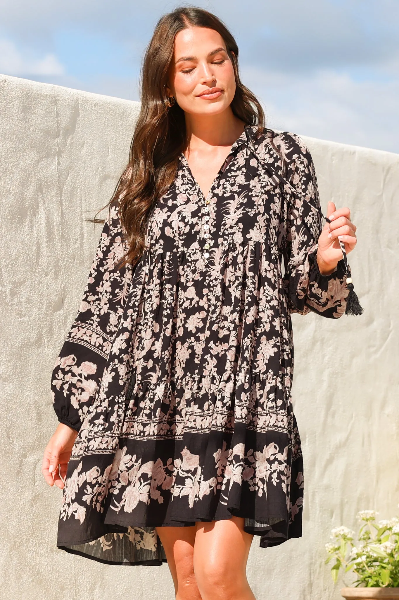 Olivia Mini Dress - Mandarin Collar Tiered Smock Dress with Long Sleeves in Villa Print sold by Salty Crush product image thumbnail 4