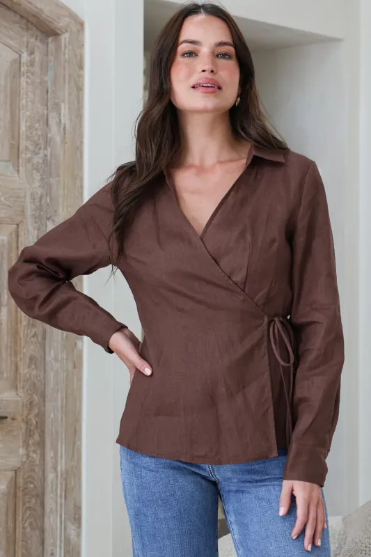 Daley Top - Wing Collar V Neck Wrap at the Waist Linen Top in Chocolate made by Salty Crush