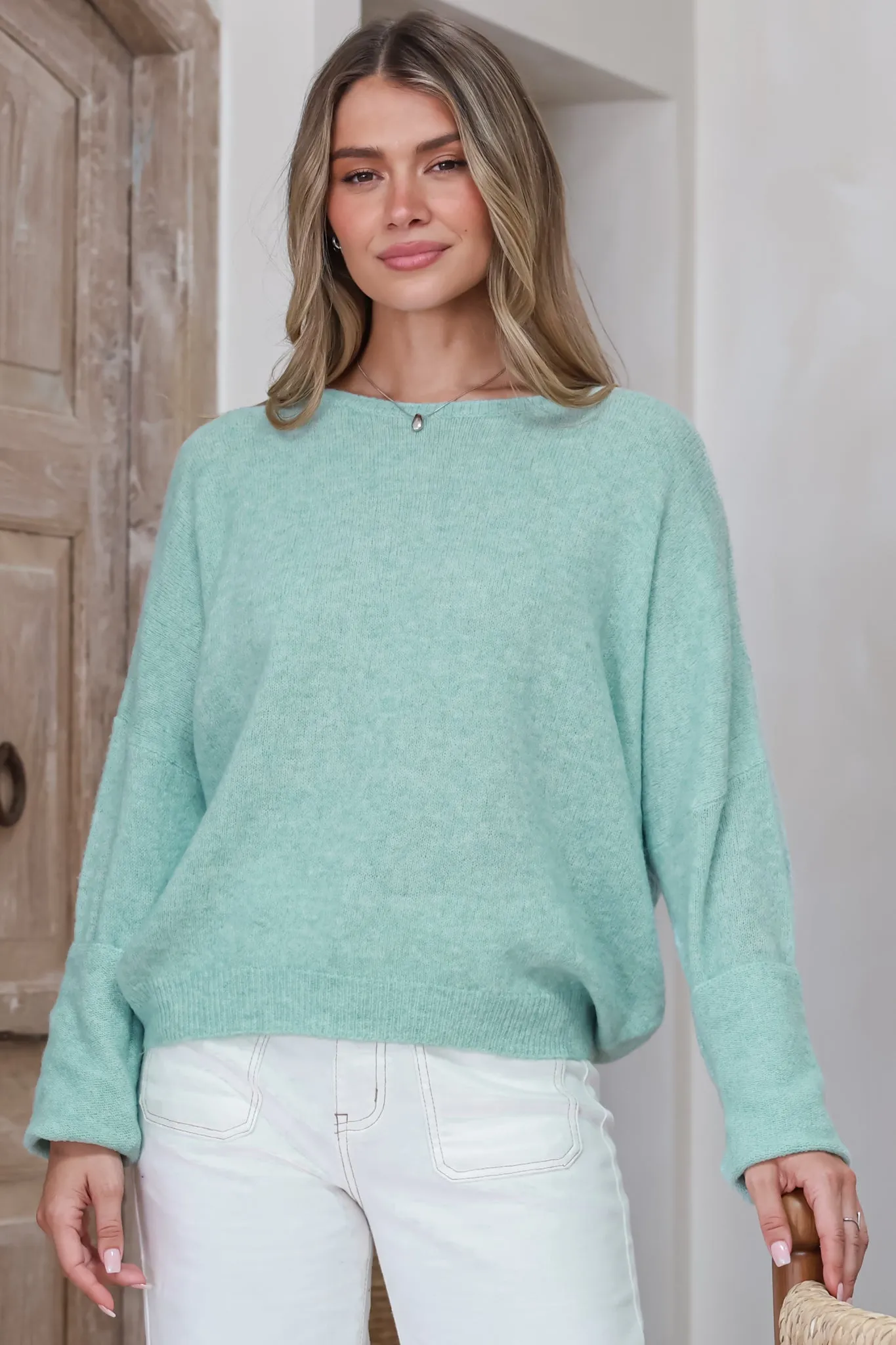 Joanne Knit Top - Crew Neckline Bat Wing Long Sleeve Top in Light Green sold by Salty Crush