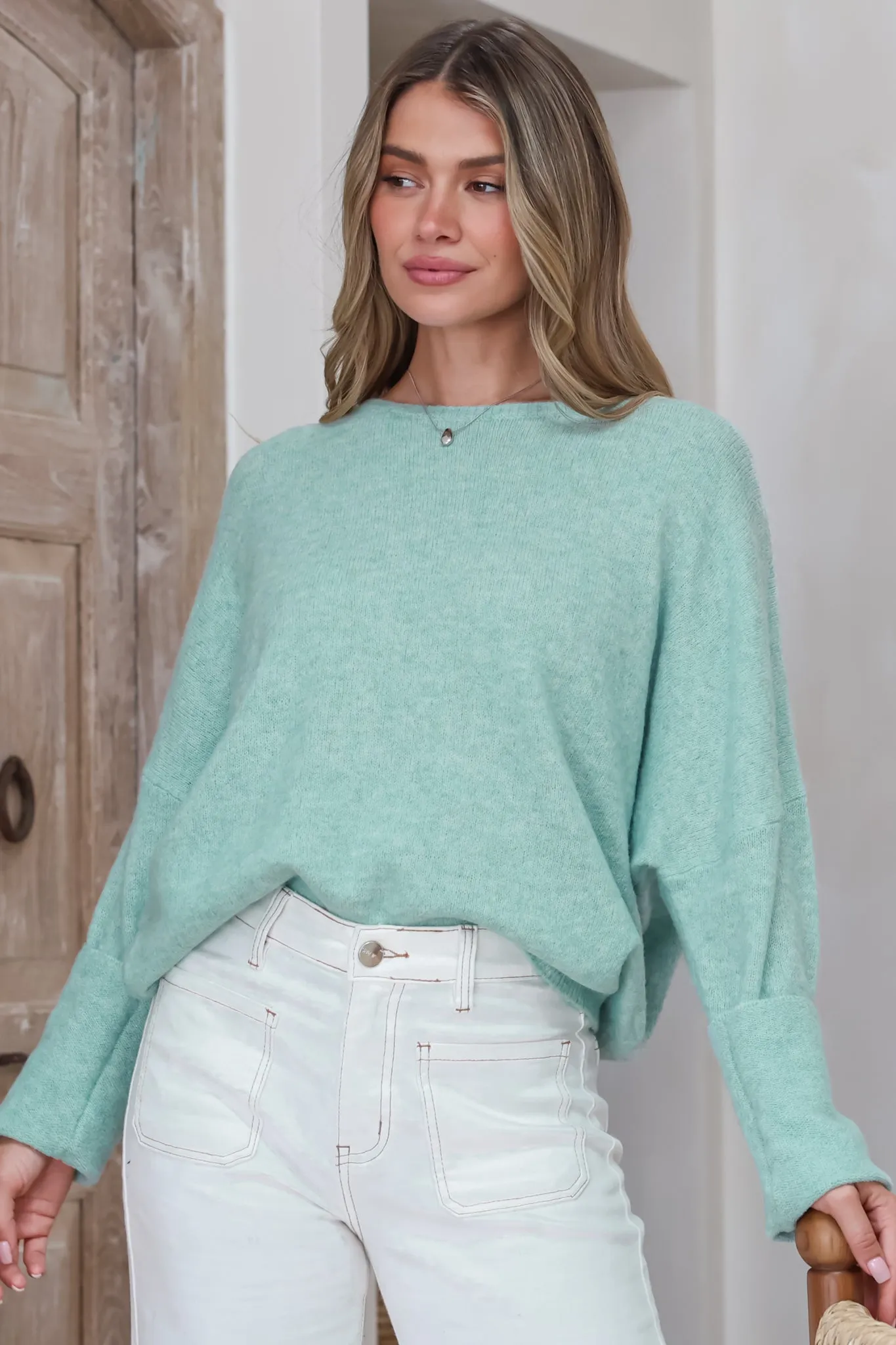 Joanne Knit Top - Crew Neckline Bat Wing Long Sleeve Top in Light Green sold by Salty Crush product image thumbnail 2