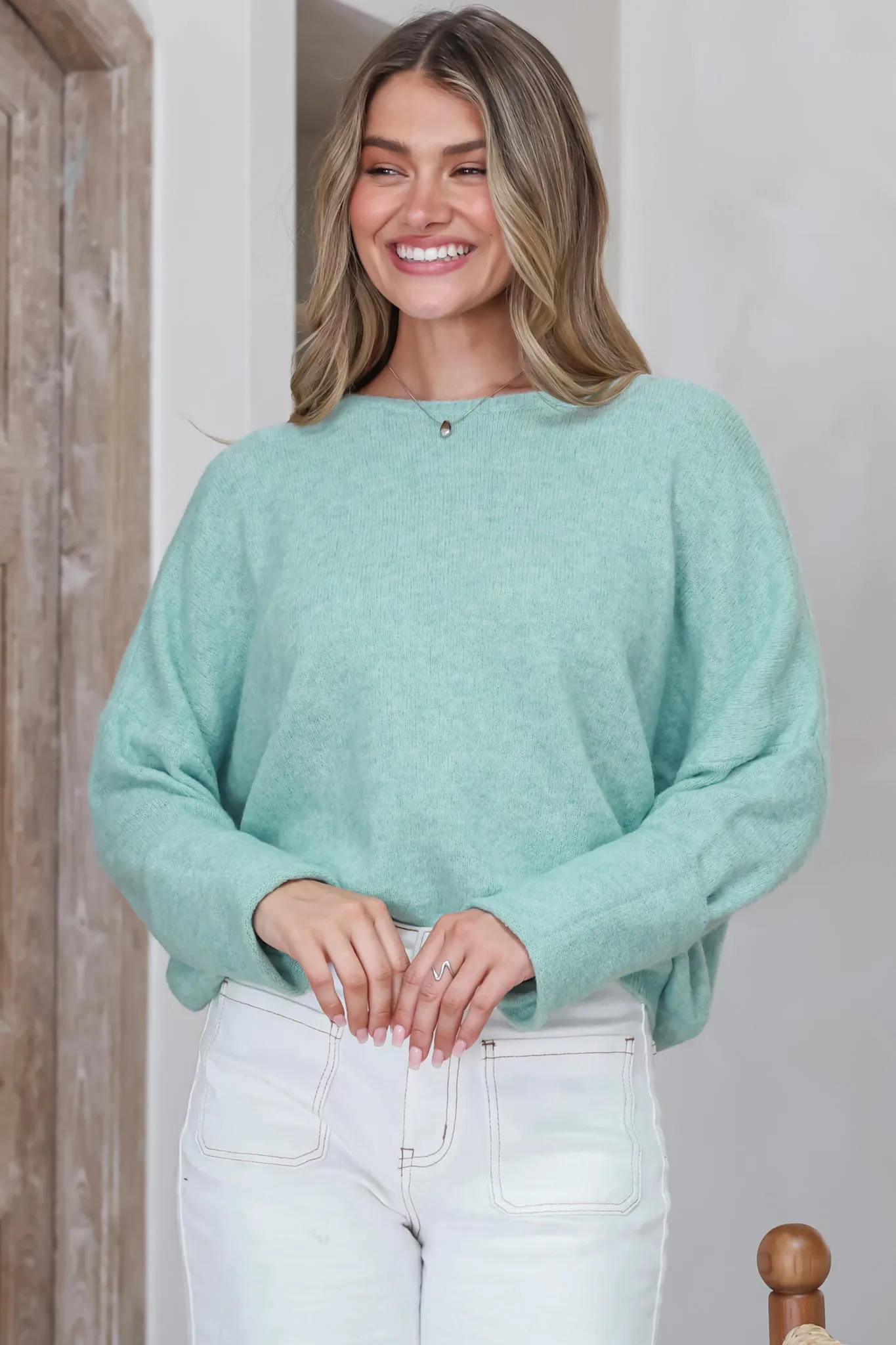 Joanne Knit Top - Crew Neckline Bat Wing Long Sleeve Top in Light Green sold by Salty Crush product image thumbnail 3