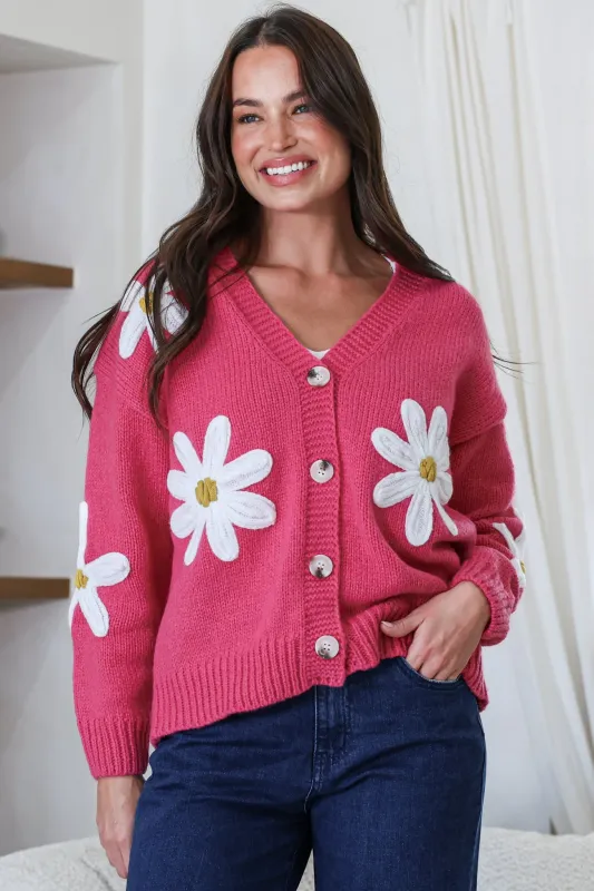 Daisy Belle Cardigan - Cropped Thick Knit Cardigan with Flower Decals in Hot Pink made by Salty Crush