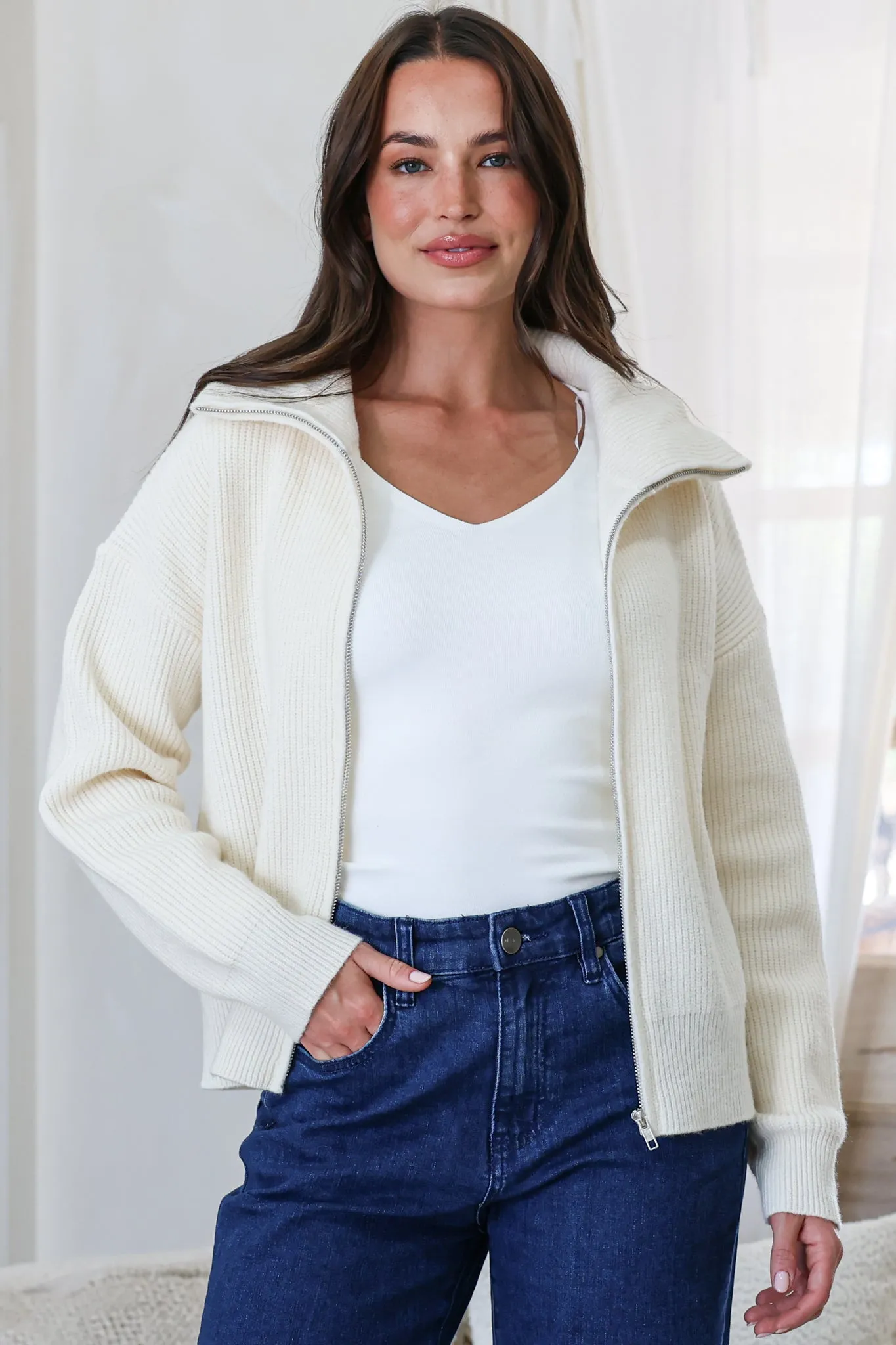 Logan Cardigan - Zipper Front Ribbed Knit with Wing Collar in Cream sold by Salty Crush