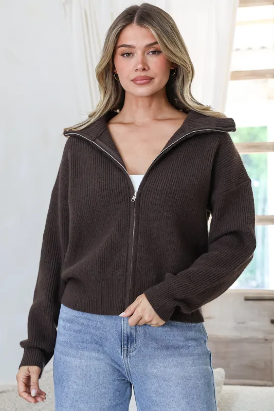 Logan Cardigan - Zipper Front Ribbed Knit with Wing Collar in Coffee made by Salty Crush