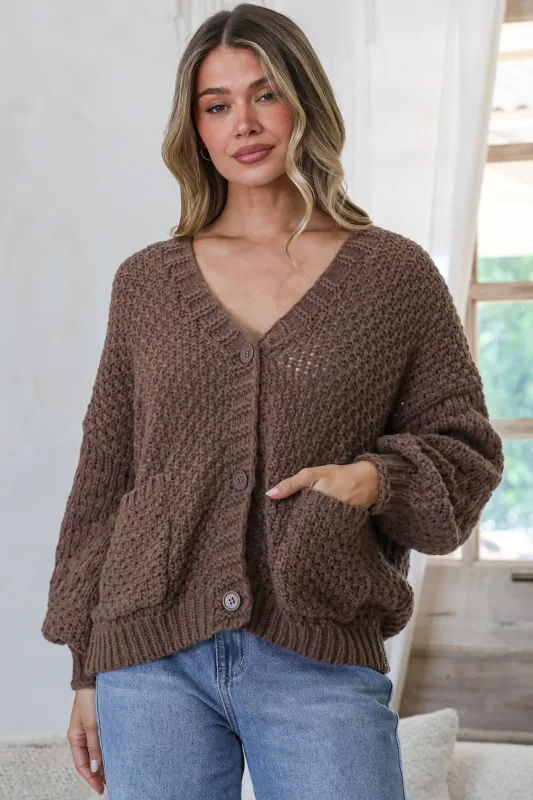 Grayson Cardigan - V-Neck Button Front Knit with Pockets and Balloon Sleeves in Coffee made by Salty Crush