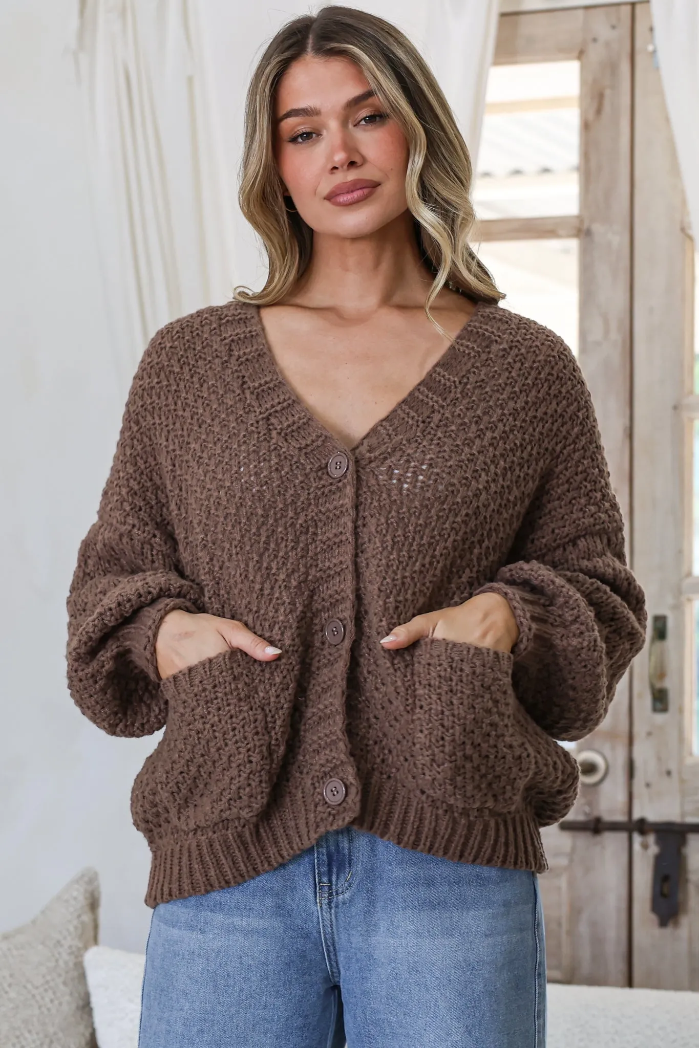 Grayson Cardigan - V-Neck Button Front Knit with Pockets and Balloon Sleeves in Coffee sold by Salty Crush product image thumbnail 3