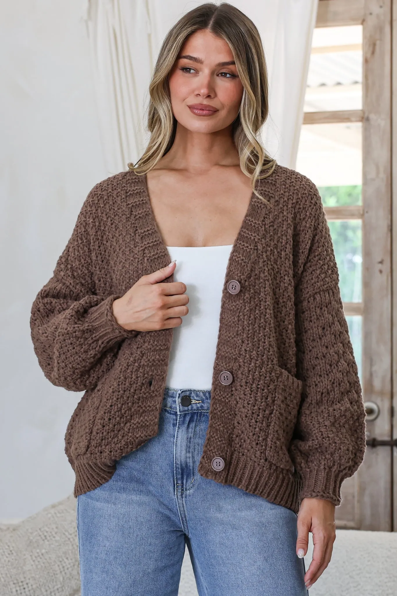 Grayson Cardigan - V-Neck Button Front Knit with Pockets and Balloon Sleeves in Coffee sold by Salty Crush product image thumbnail 2
