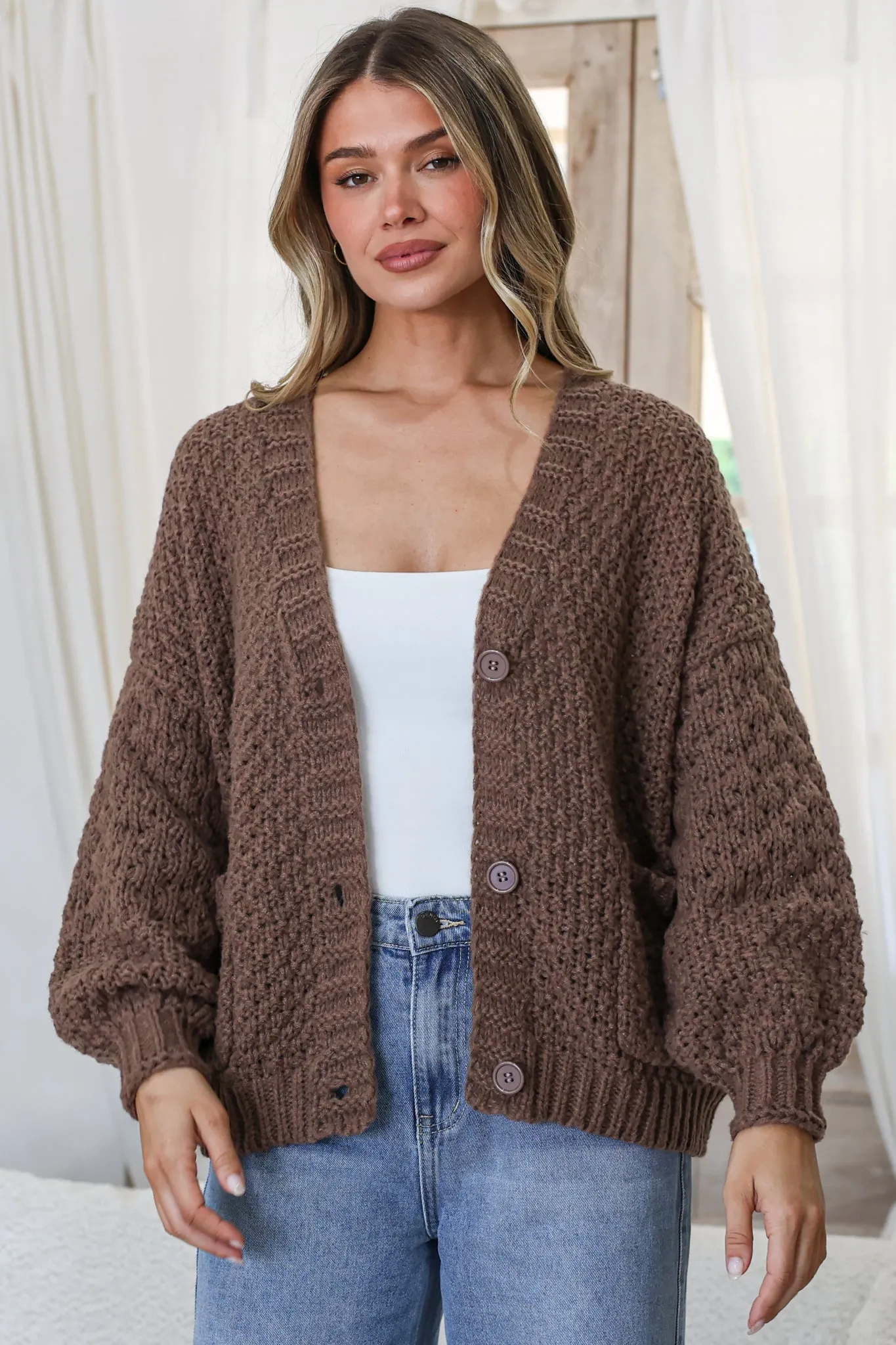 Grayson Cardigan - V-Neck Button Front Knit with Pockets and Balloon Sleeves in Coffee sold by Salty Crush product image thumbnail 4