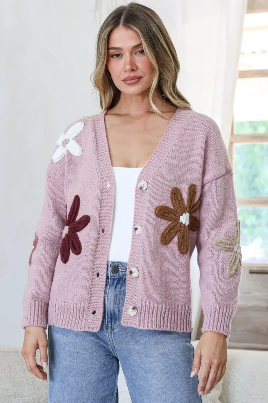 Daisy Belle Cardigan - Cropped Thick Knit Cardigan with Flower Decals in Light Mauve made by Salty Crush