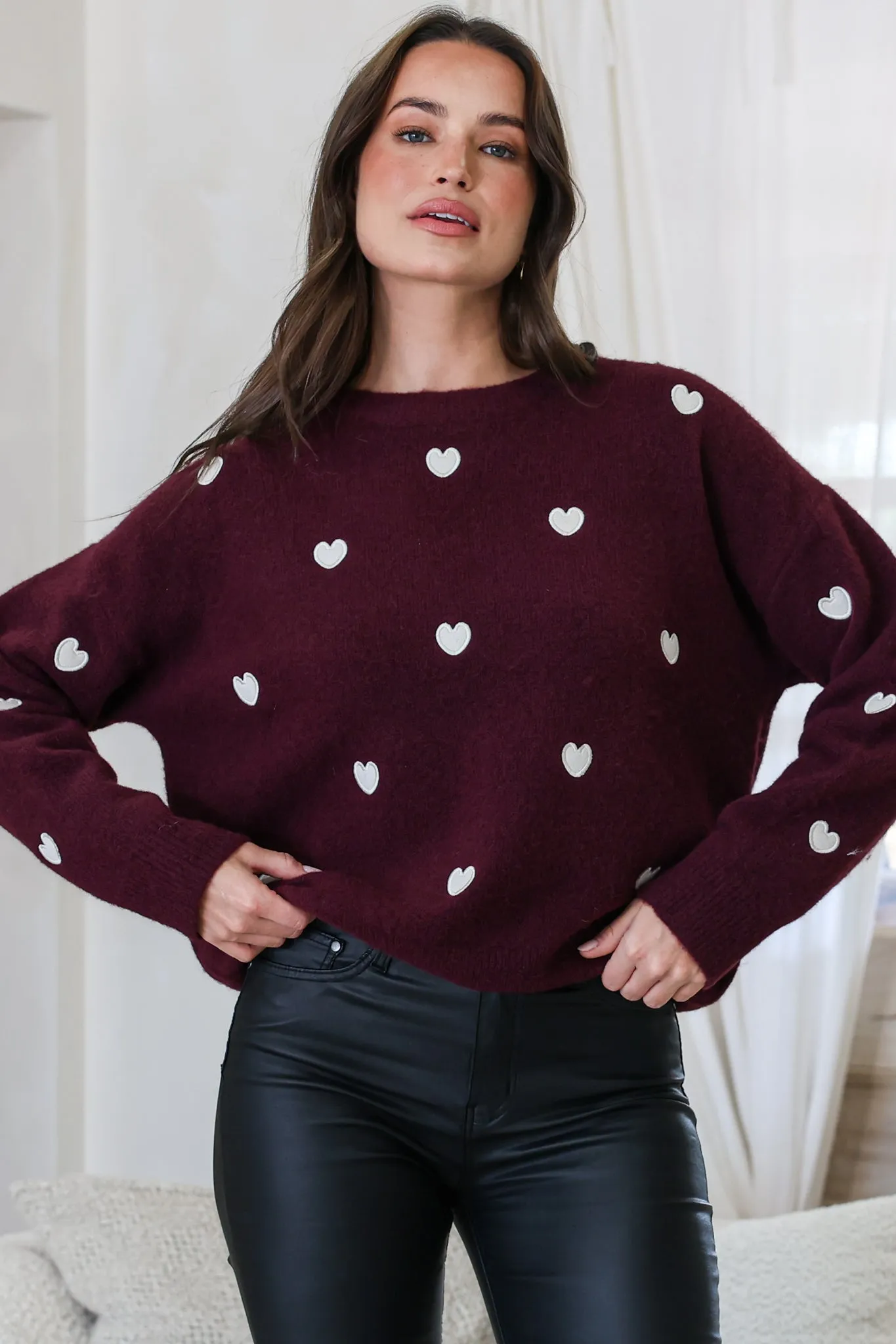 Hartley Jumper - Crew Neck Embroidered Heart Motif Knit in Wine sold by Salty Crush product image thumbnail 3