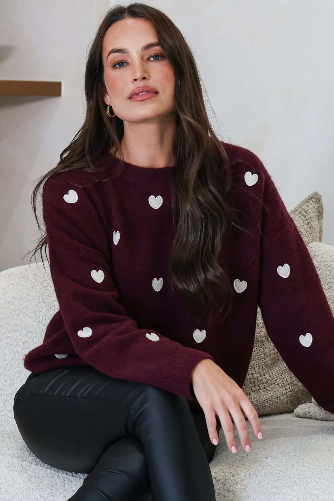 Hartley Jumper - Crew Neck Embroidered Heart Motif Knit in Wine sold by Salty Crush product image thumbnail 2
