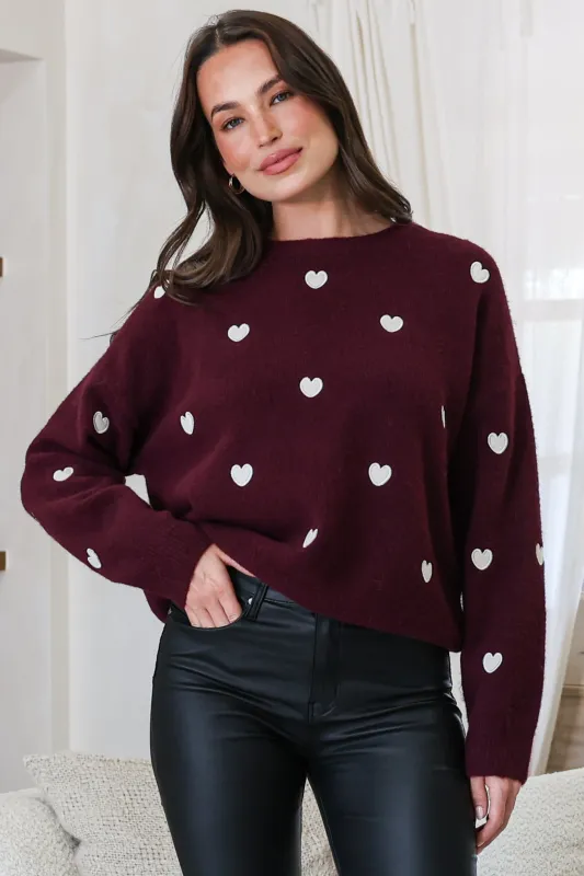 Hartley Jumper - Crew Neck Embroidered Heart Motif Knit in Wine made by Salty Crush