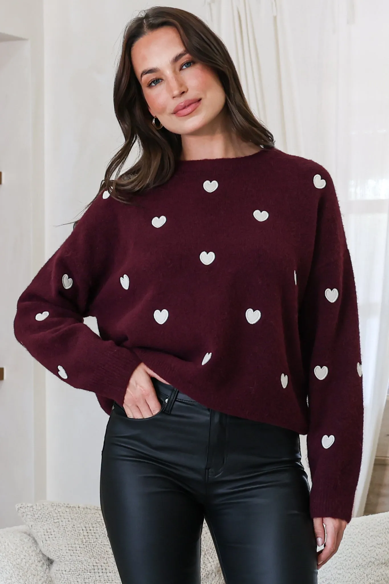 Hartley Jumper - Crew Neck Embroidered Heart Motif Knit in Wine sold by Salty Crush