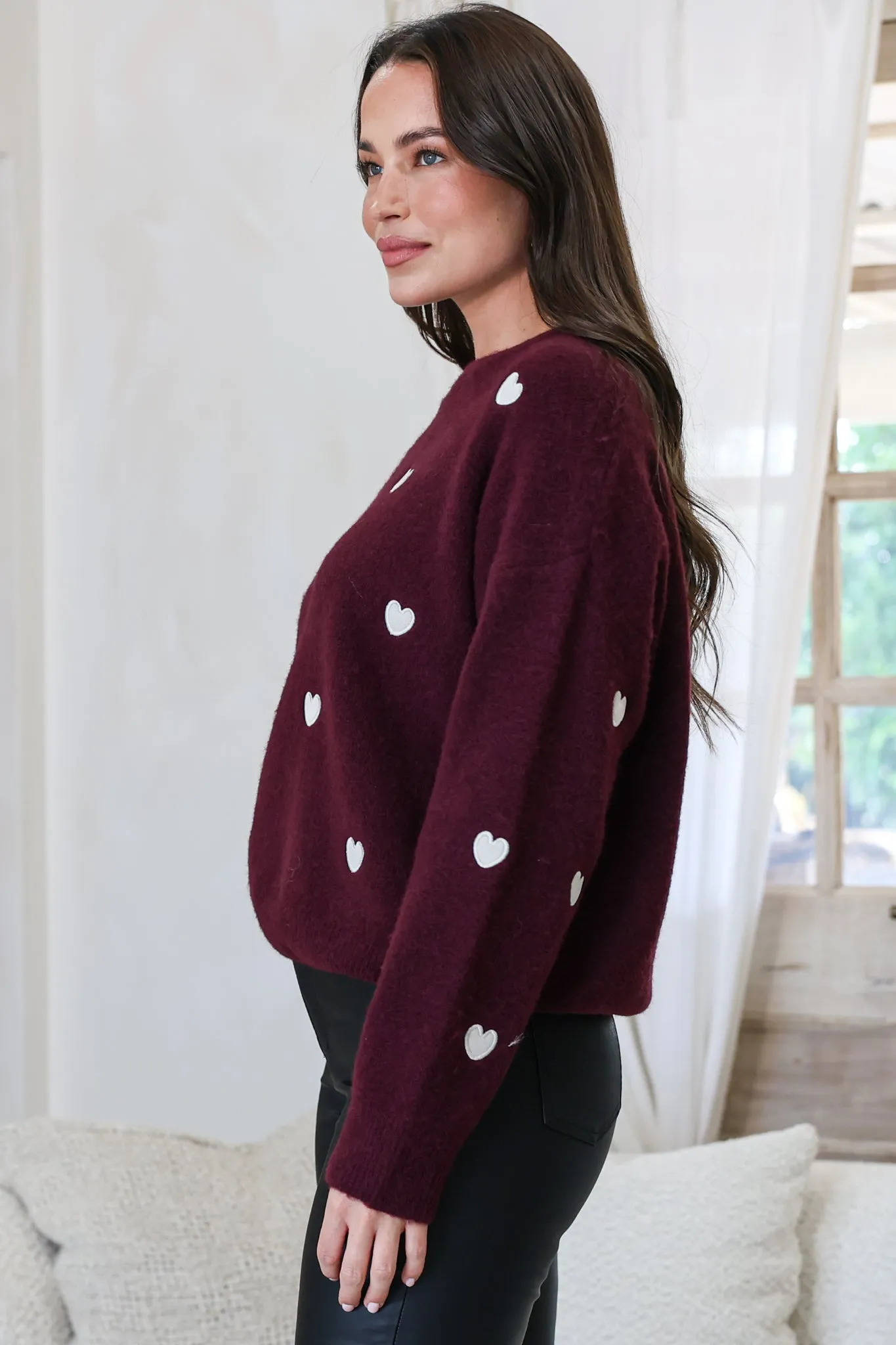 Hartley Jumper - Crew Neck Embroidered Heart Motif Knit in Wine sold by Salty Crush product image thumbnail 5