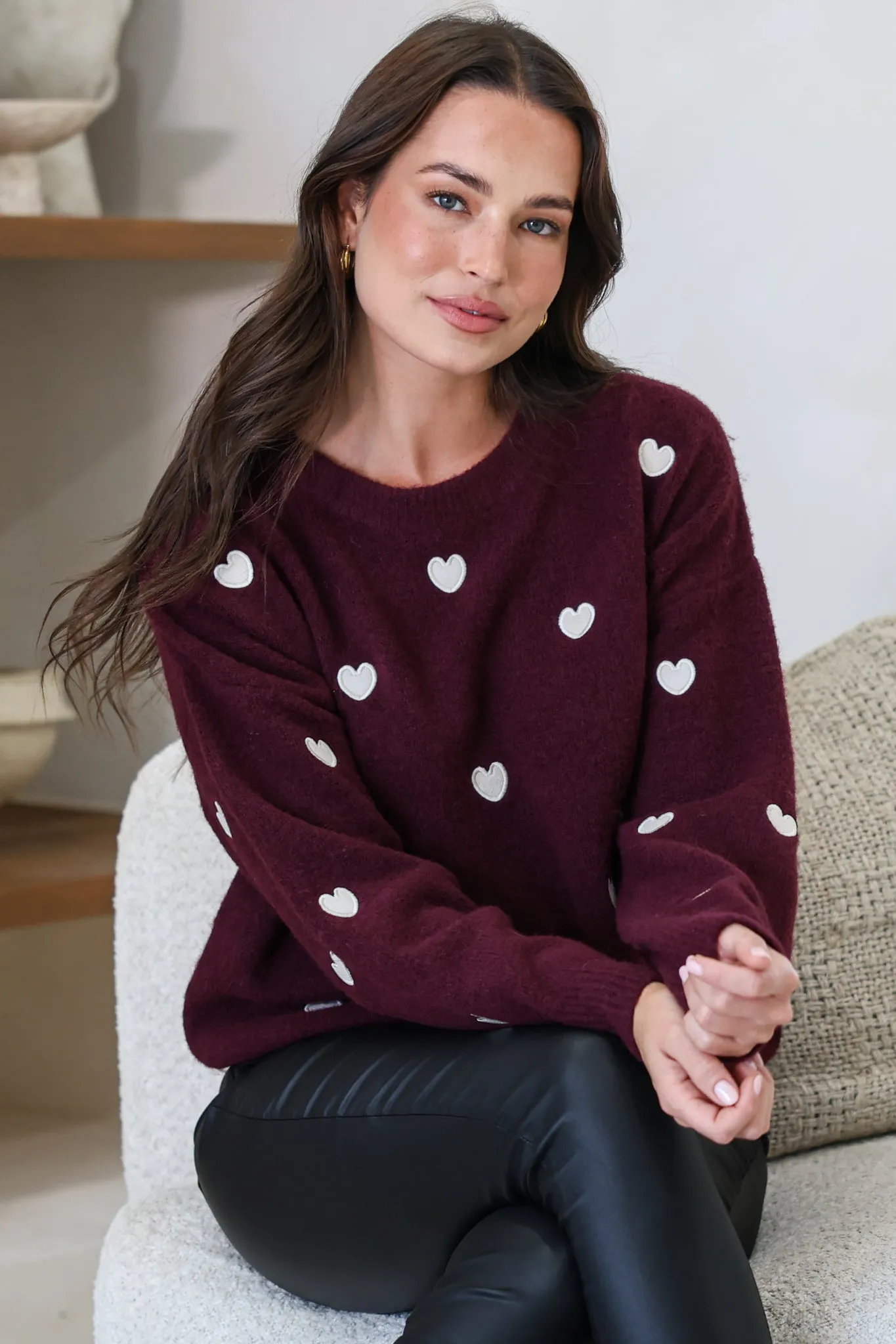 Hartley Jumper - Crew Neck Embroidered Heart Motif Knit in Wine sold by Salty Crush product image thumbnail 4