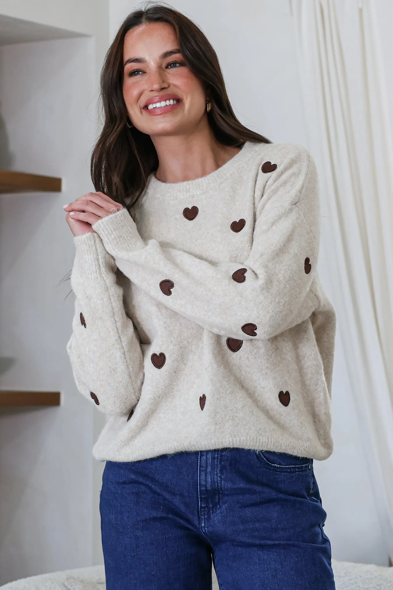 Hartley Jumper - Crew Neck Embroidered Heart Motif Knit in Cream sold by Salty Crush product image thumbnail 2