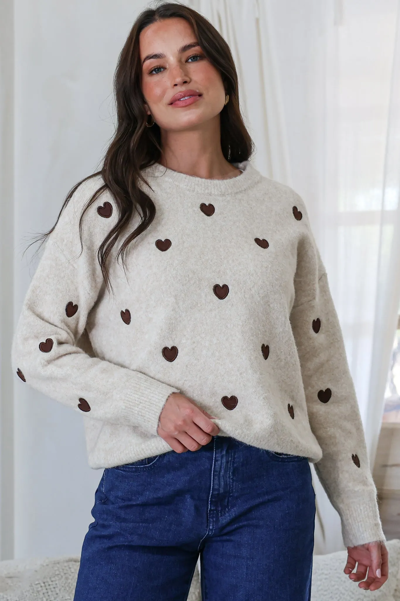 Hartley Jumper - Crew Neck Embroidered Heart Motif Knit in Cream sold by Salty Crush product image thumbnail 3